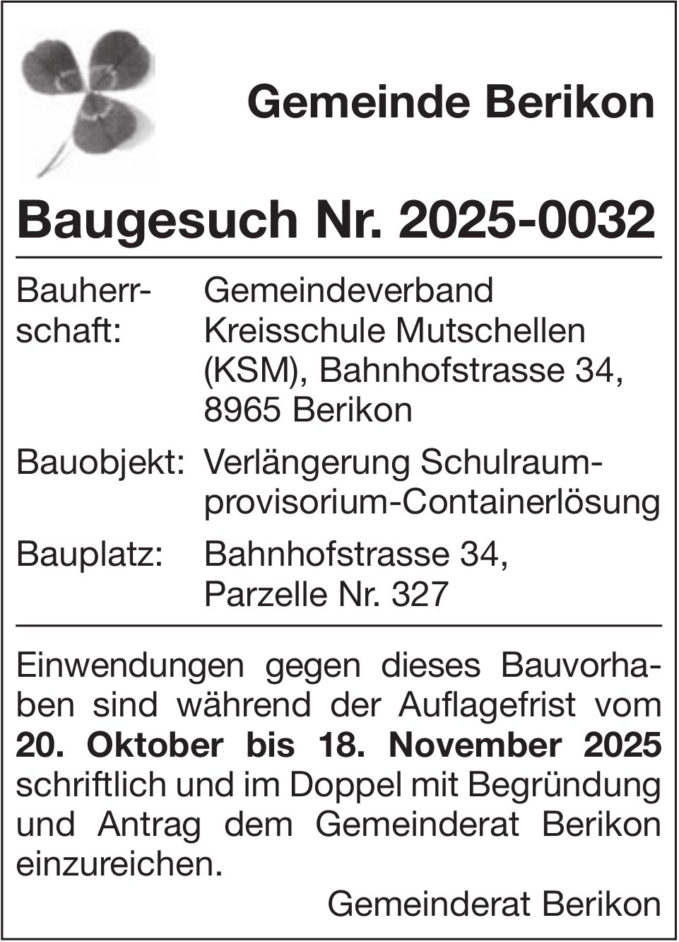 Gemeinde Berikon, Baugesuch Nr. 2025-0032