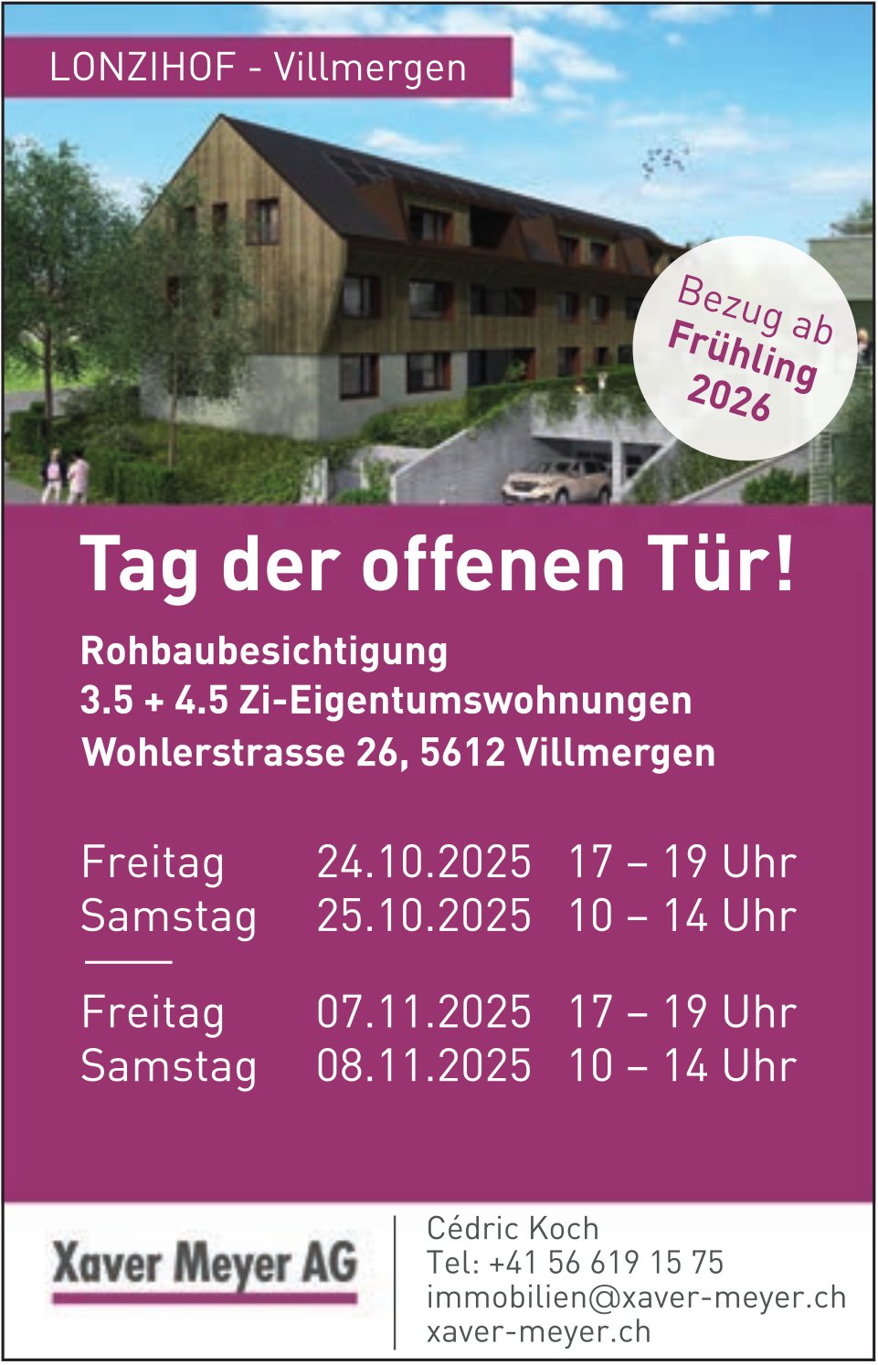 3½- + 4½-Zimmer-Wohnungen, Villmergen, zu verkaufen - Tag der offenen Tür, 24./25. Oktober und 07./08. November