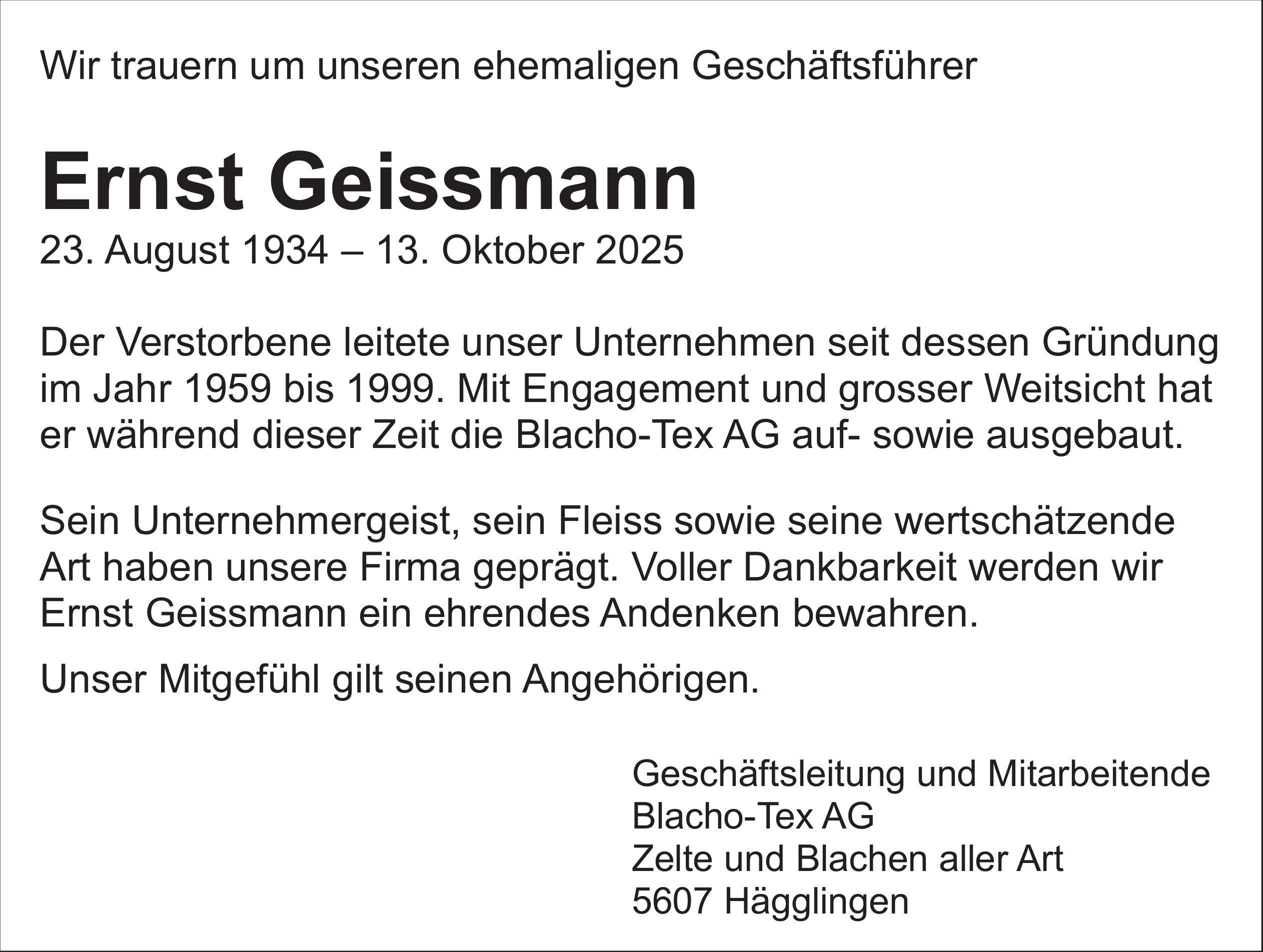 Ernst Geissmann, Oktober 2025 / TA