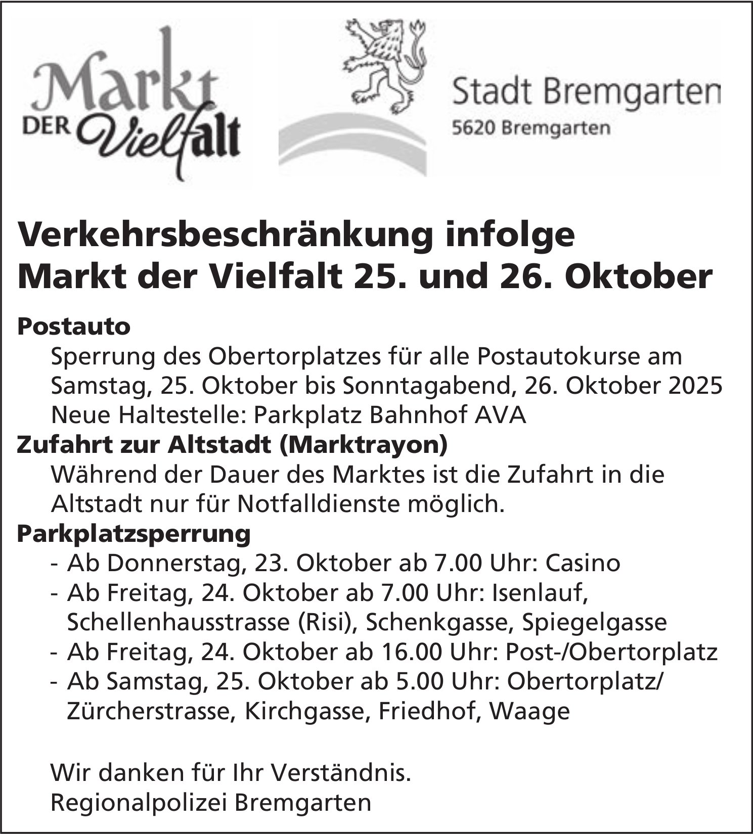 Verkehrsmassnahmen / Unterhaltsarbeiten, Stadt Bremgarten, Verkehrsbeschränkung infolge Markt der Vielfalt 25. und 26. Oktober