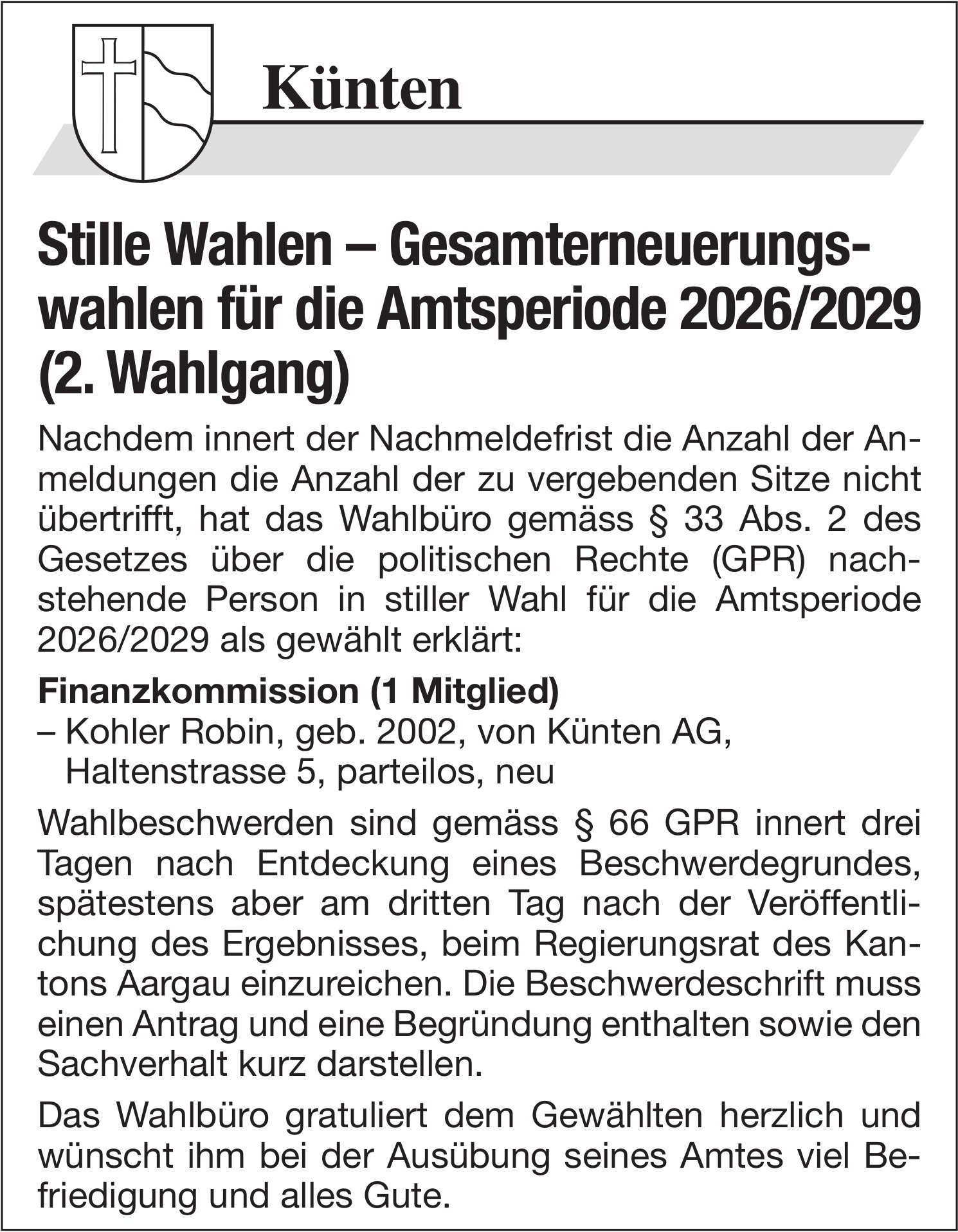 Wahlen & Abstimmungen, Künten, Stille Wahlen – Gesamterneuerungswahlen, Amtsperiode 2026/2029 (2. Wahlgang)