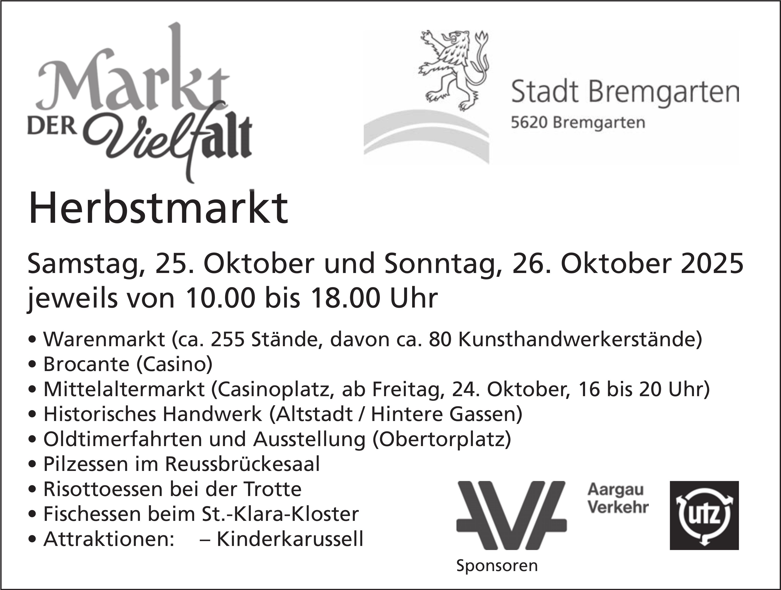 Herbstmarkt - Der Markt der Vielfalt, 26. Oktober, Stadt Bremgarten