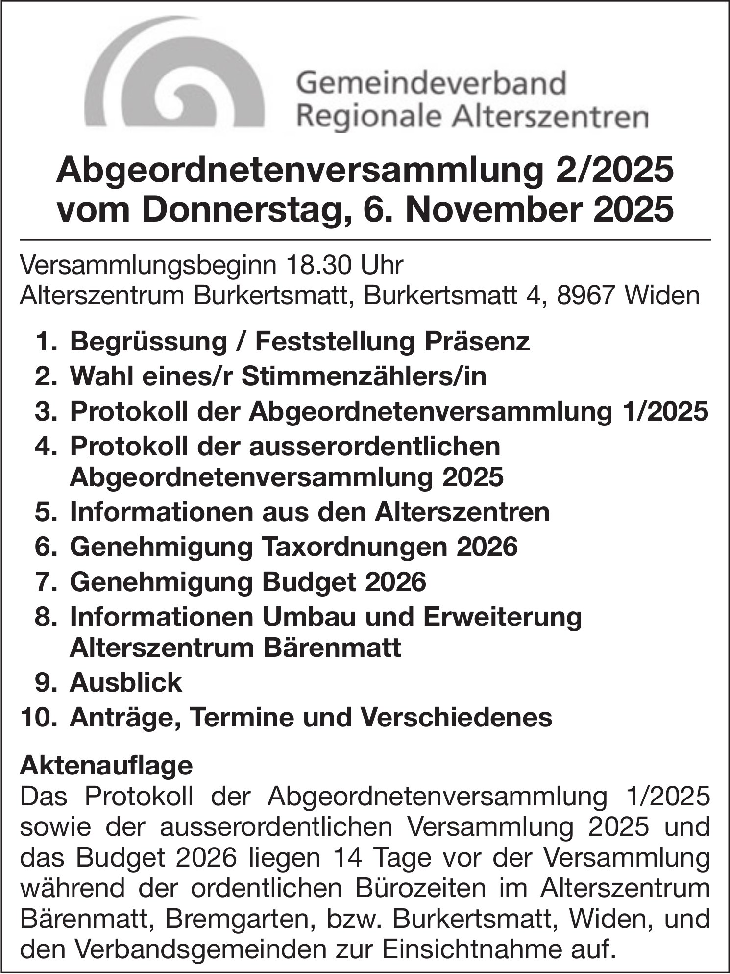 Sonstiges, Widen - Gemeindeverband Regionale Alterszentren, Abgeordnetenversammlung 2/2025, 6. November 2025