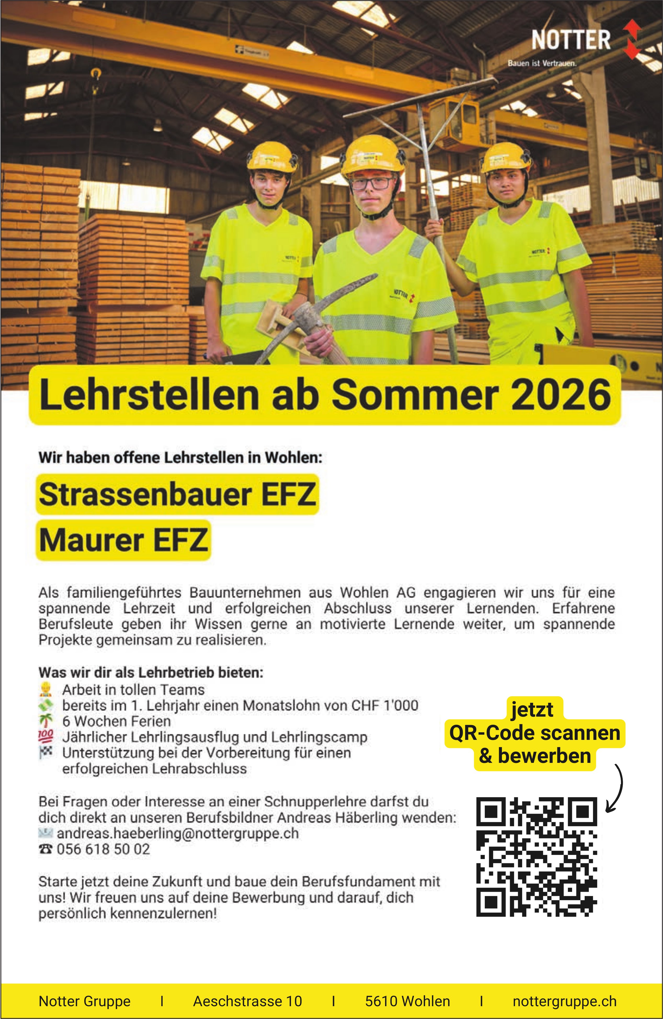 Lehrstellen Strassenbauer EFZ und Maurer EFZ, Notter Gruppe, Wohlen, zu vergeben