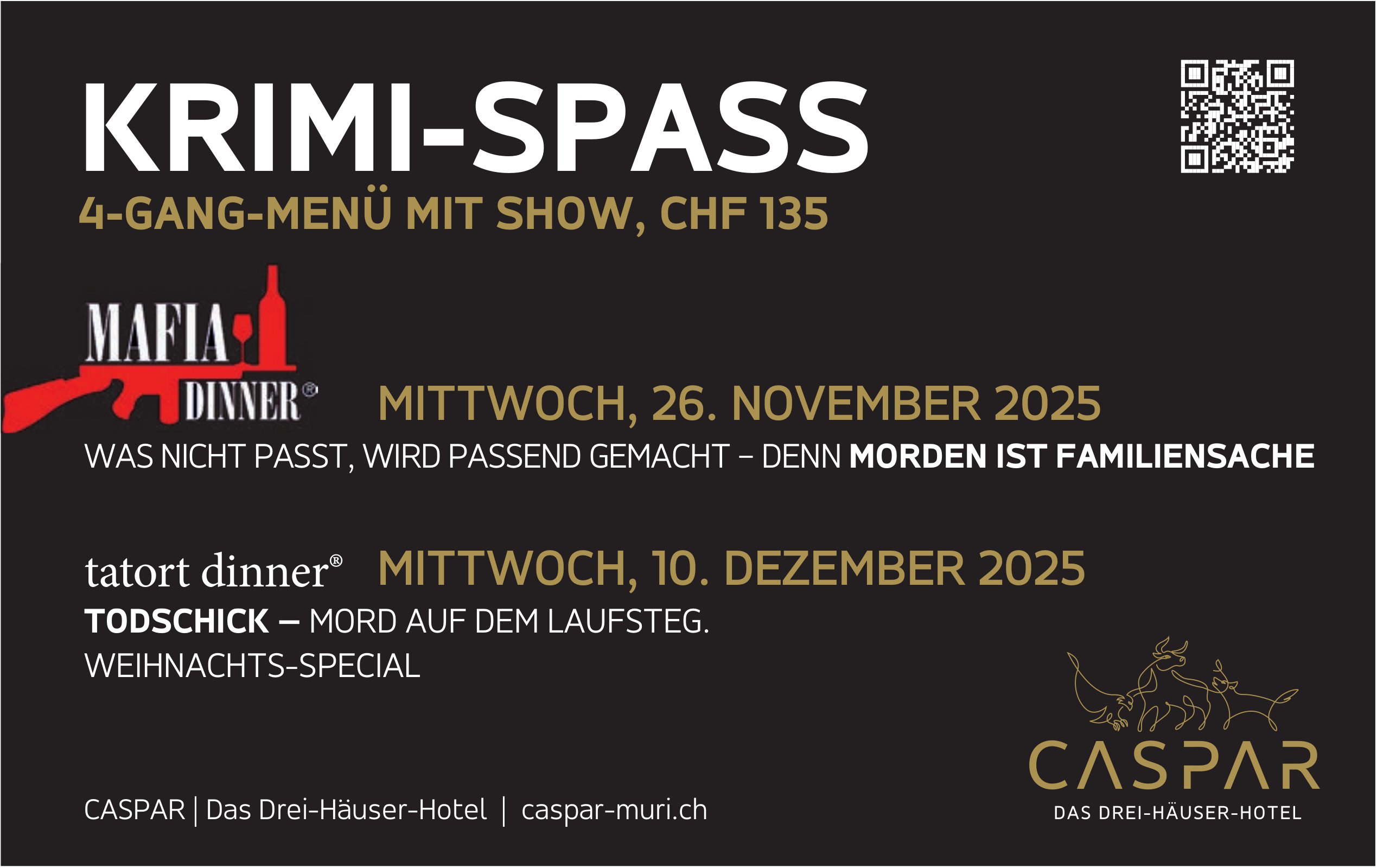 Krimi-Spass 4-Gang-Menü mit Show, CHF 135, 26. November & 10. Dezember, CASPAR Muri
