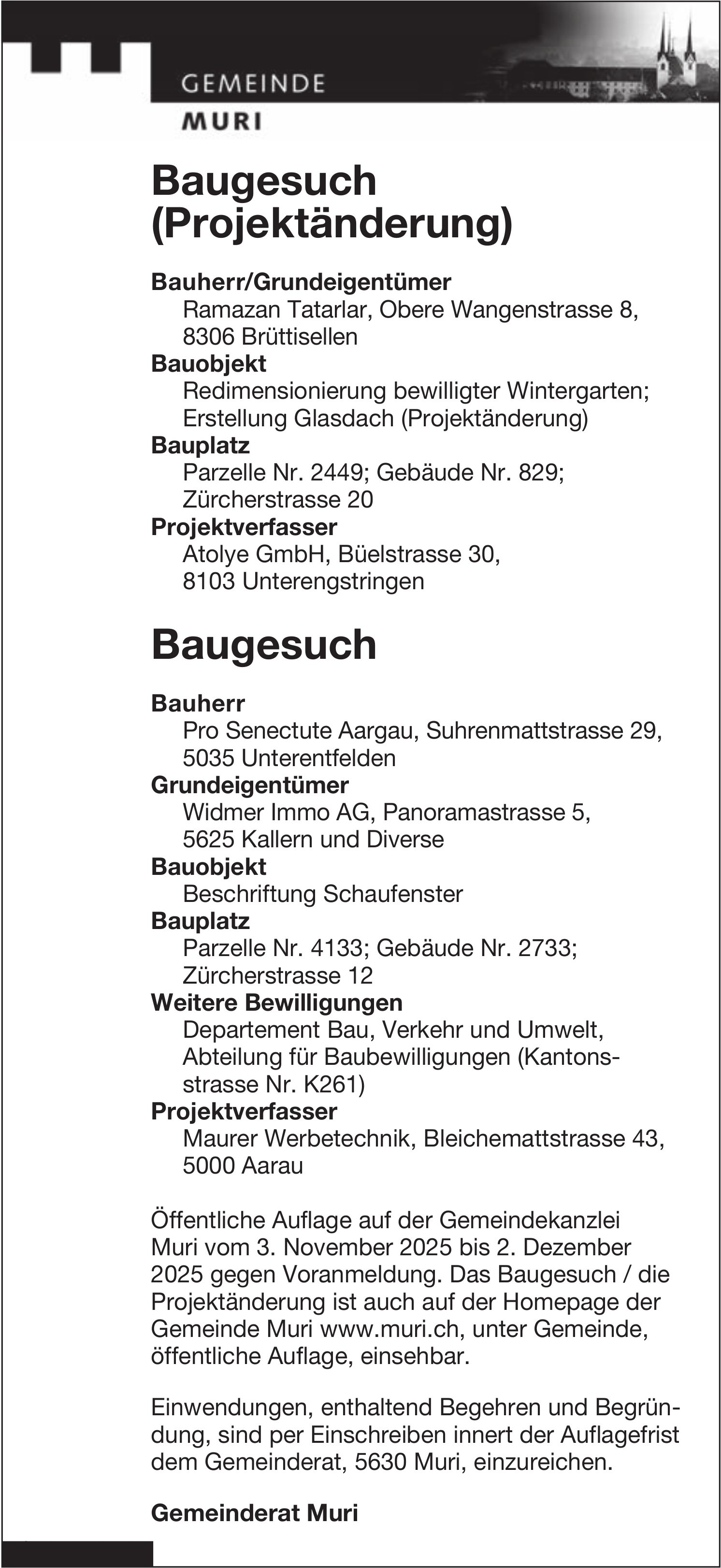 Baugesuche, Muri - Ramazan Tatarlar / Pro Senectute Aargau, Baugesuch (Projektänderung)
