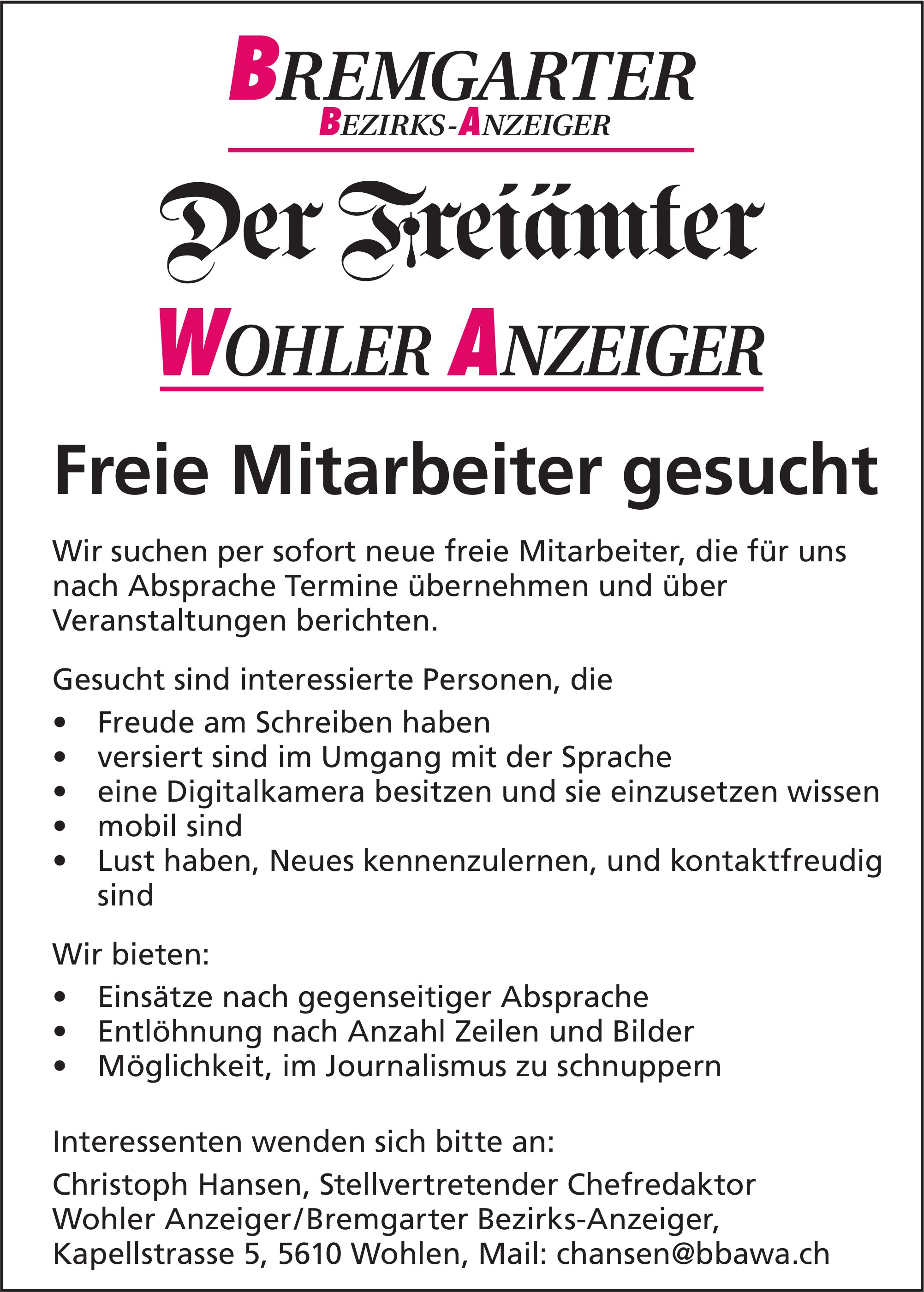 Freie Mitarbeiter, BBA / Der Freiämter / WA, Wohlen, gesucht