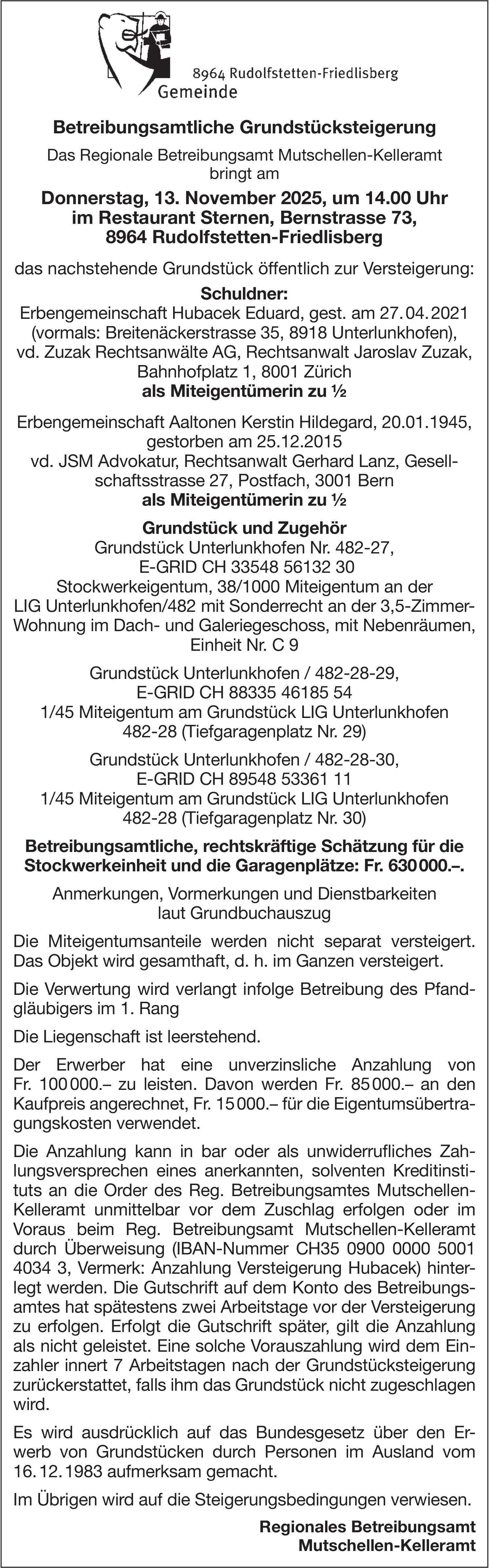 Sonstiges - Regionales Betreibungsamt Mutschellen-Kelleramt, Betreibungsamtliche Grundstücksteigerung, 13. November, Restaurant Sternen