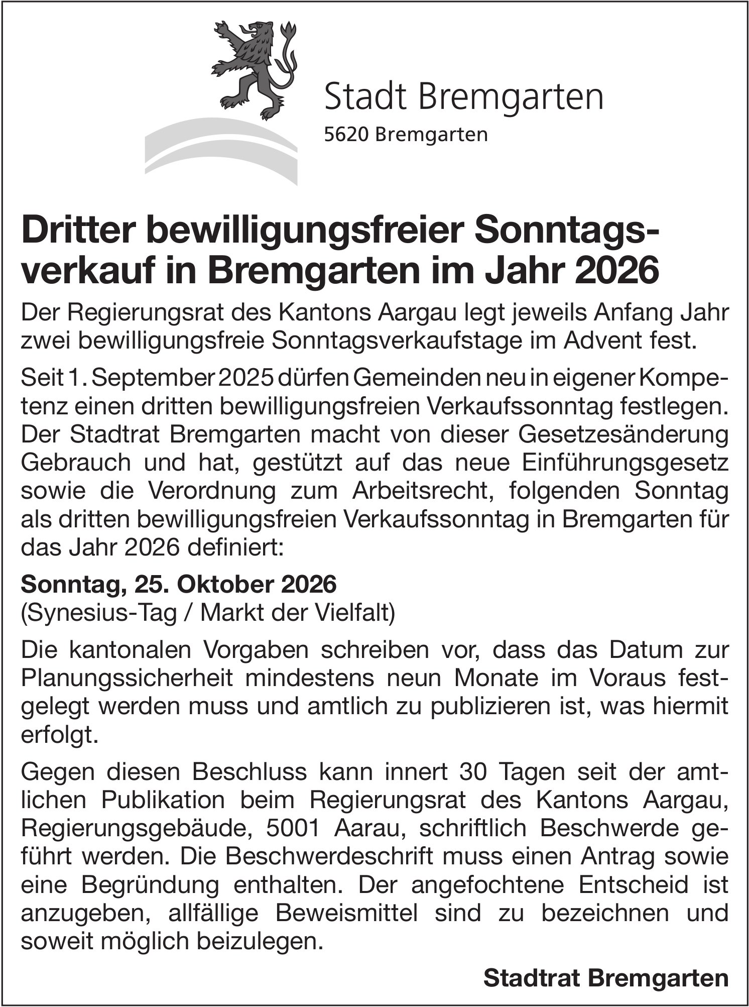 Sonstiges, Stadt Bremgarten, Dritter bewilligungsfreier Sonntagsverkauf in Bremgarten im Jahr 2026