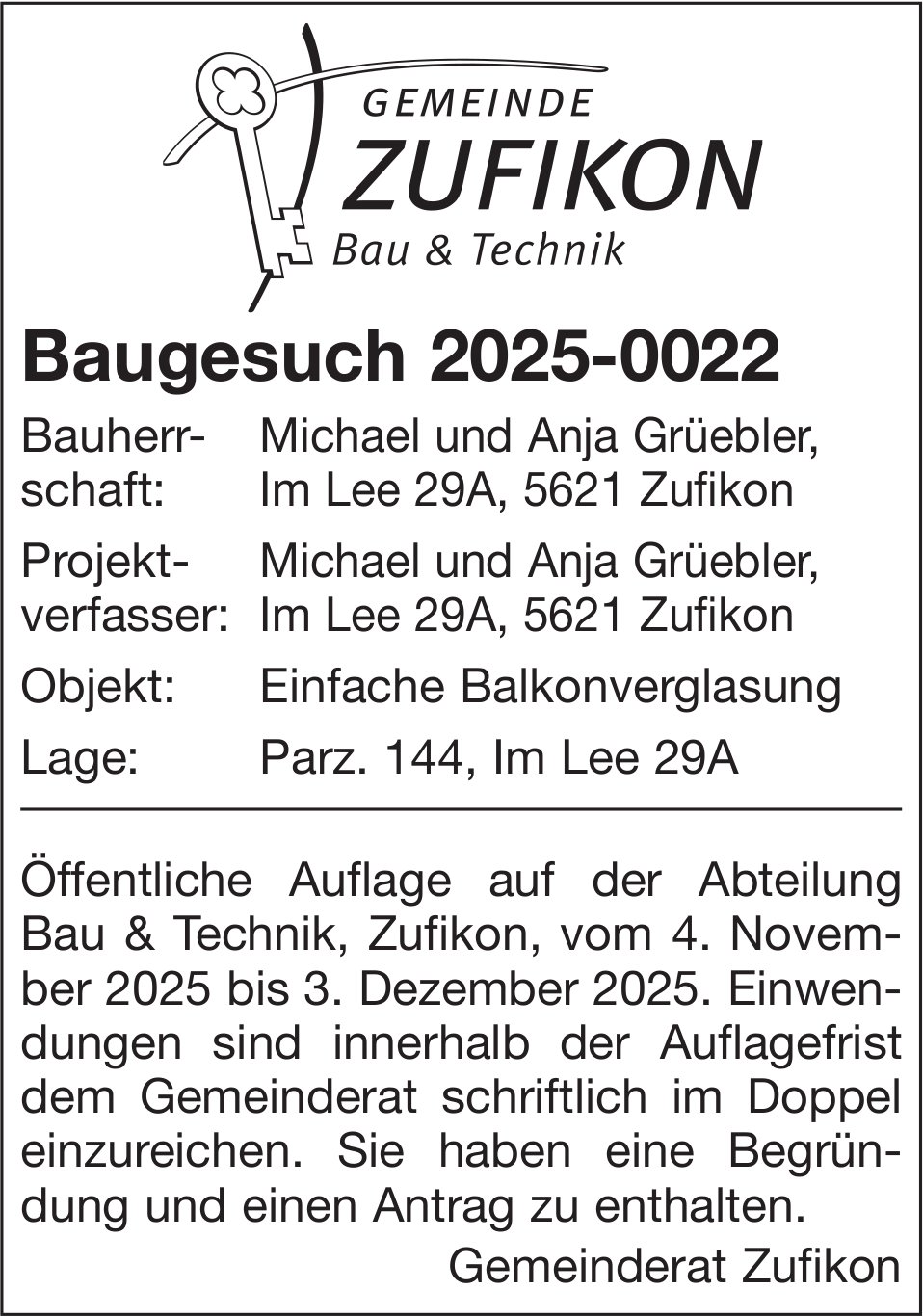 Baugesuche, Zufikon - Bauherrschaft: Michael und Anja Grüebler, Baugesuch 2025-0022