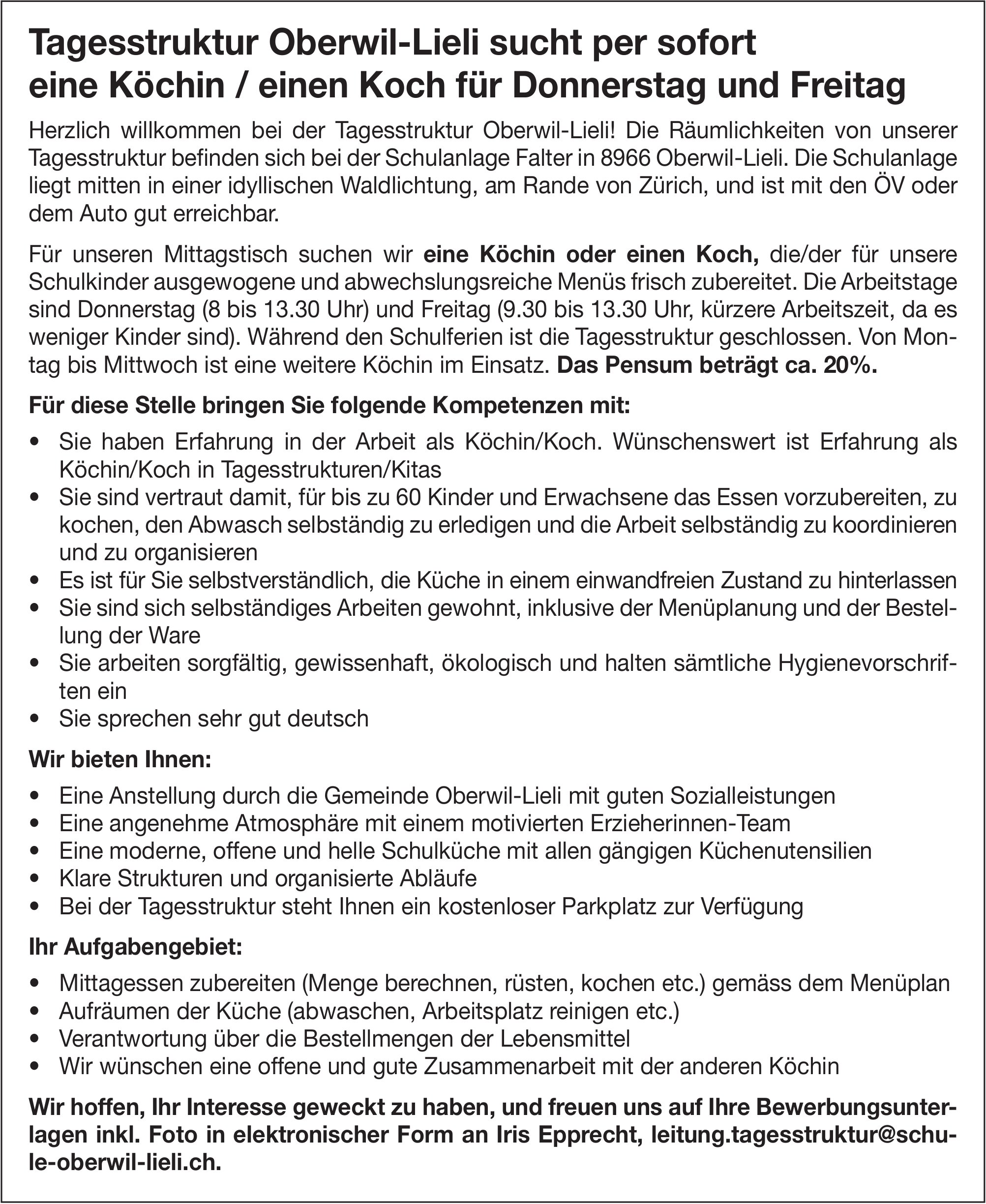 Köchin / Koch für Donnerstag und Freitag, Tagesstruktur Oberwil-Lieli, gesucht