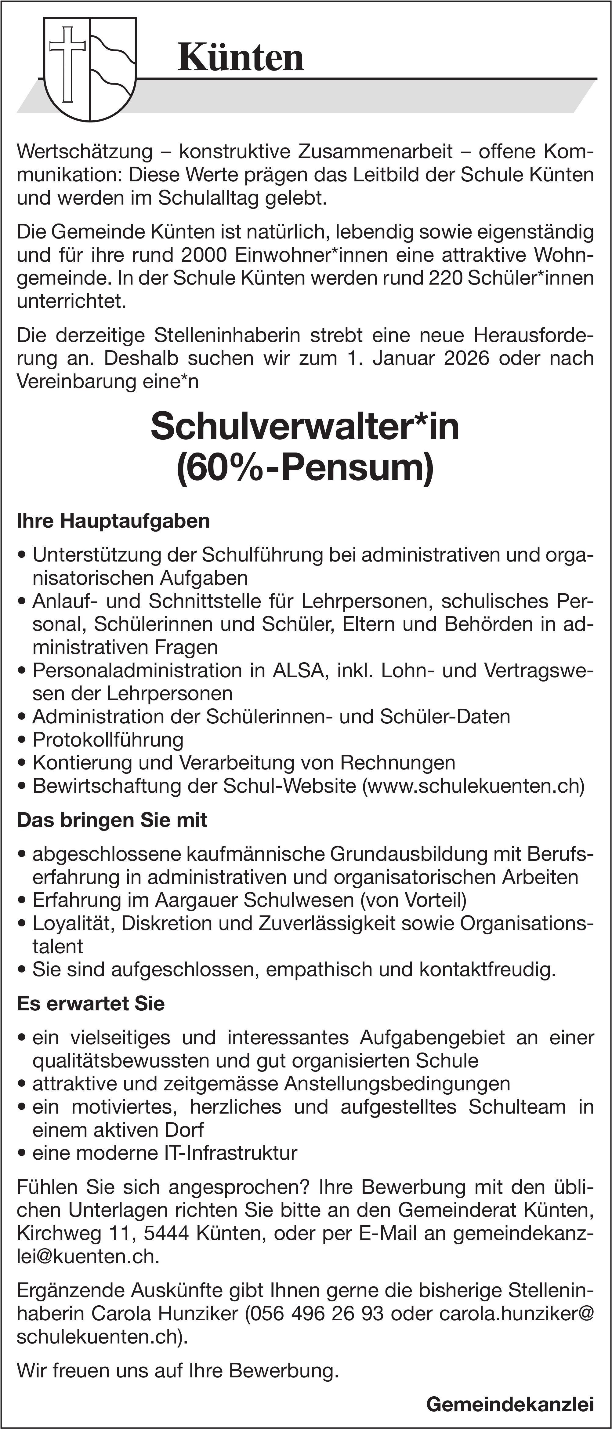 Schulverwalter*in (60%-Pensum), Künten, gesucht