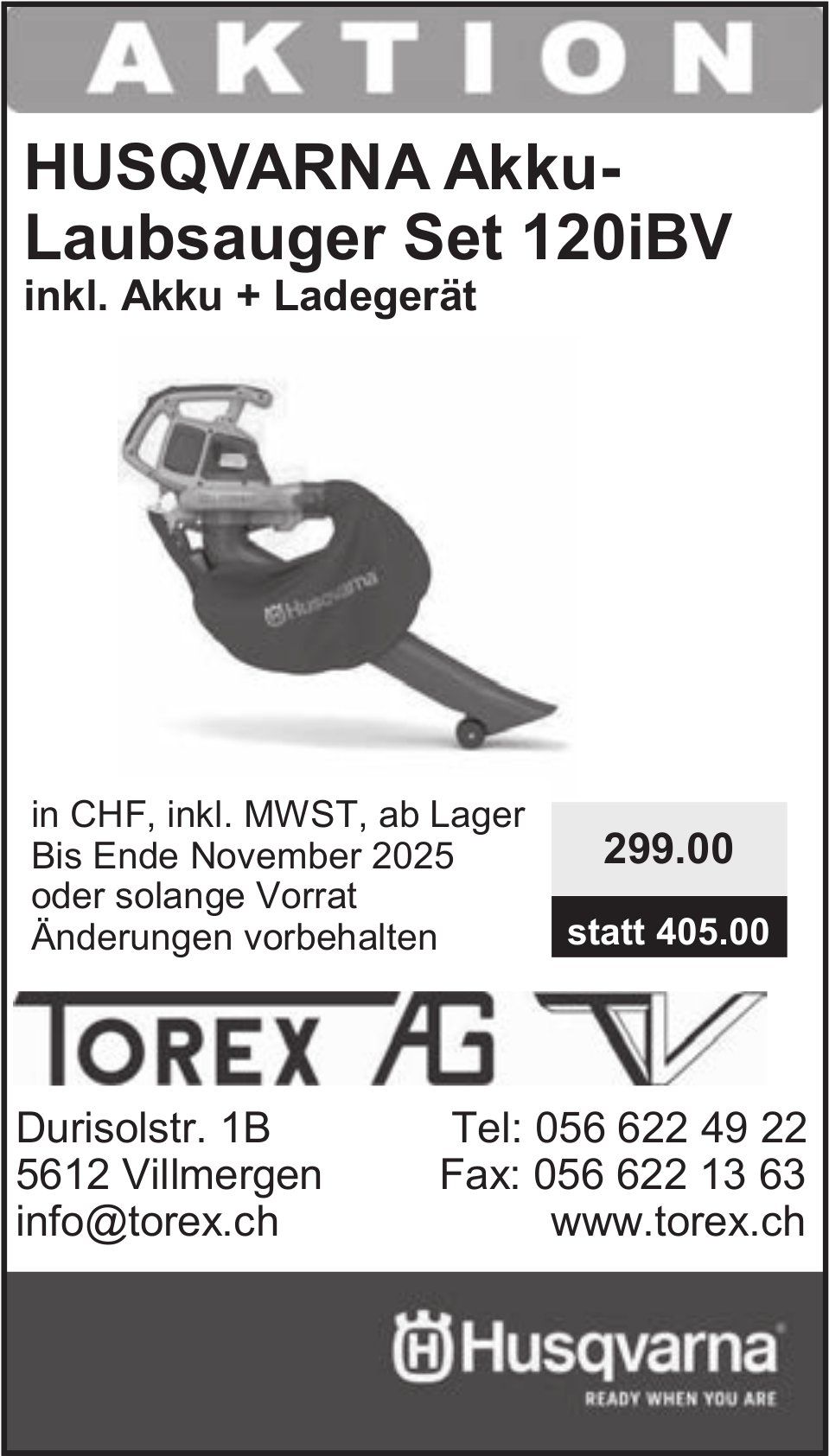 Aktion: Husqvarna Akku-Laubsauger Set 120iBV inkl. Akku + Ladegerät, Torex AG, Villmergen