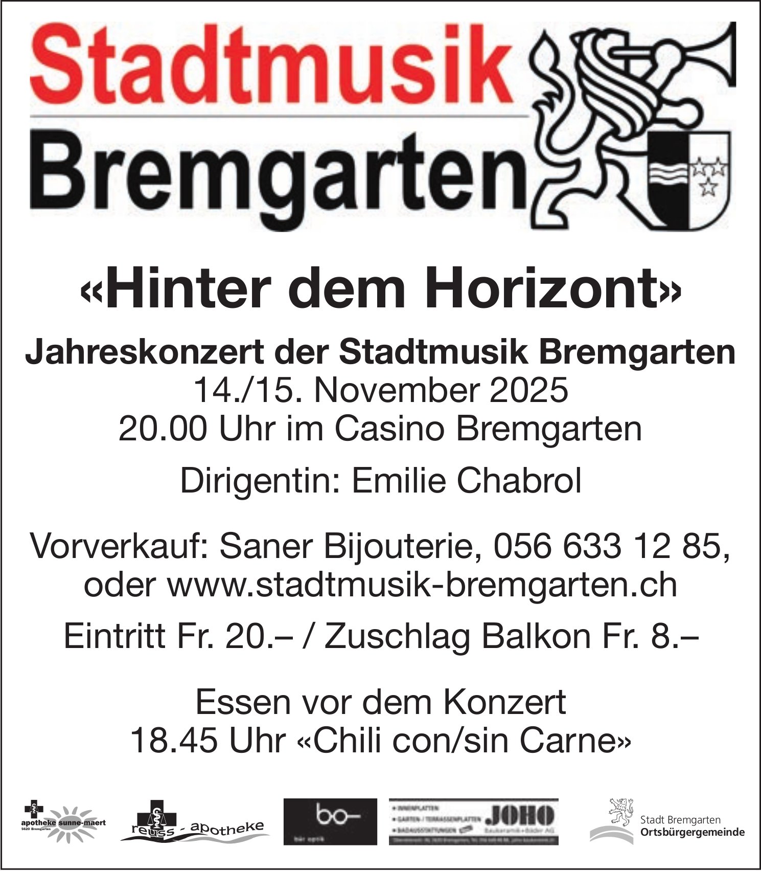 «Hinter dem Horizont» - Jahreskonzert der Stadtmusik Bremgarten, 14./15. November, Casino Bremgarten