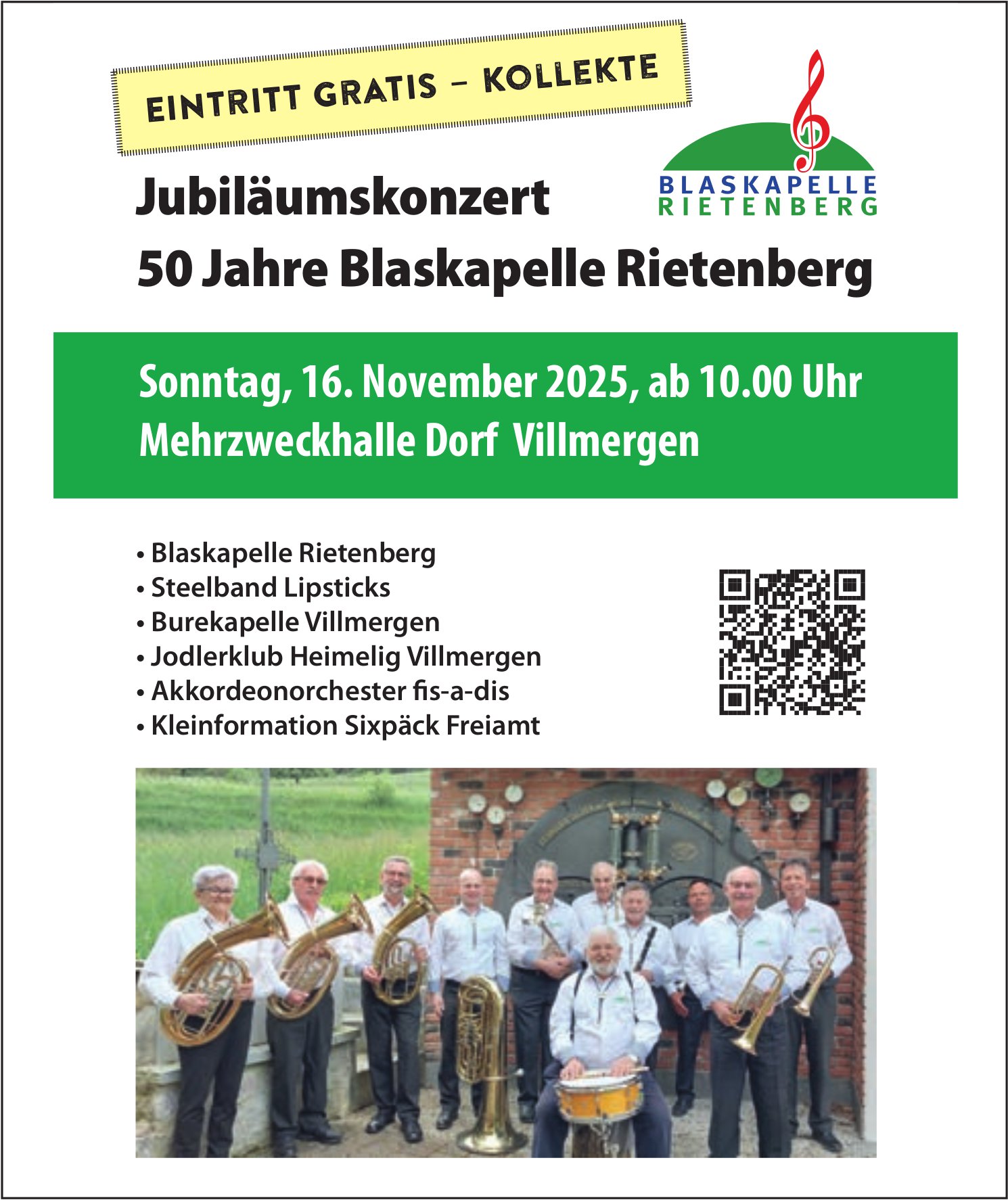 Jubiläumskonzert 50 Jahre Blaskapelle Rietenberg, 16. November, Mehrzweckhalle Dorf Villmergen
