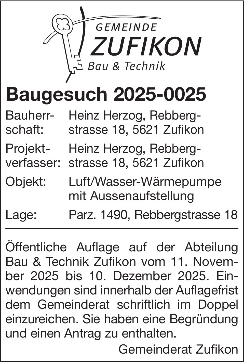 Baugesuche, Zufikon - Heinz Herzog, Baugesuch 2025-0025