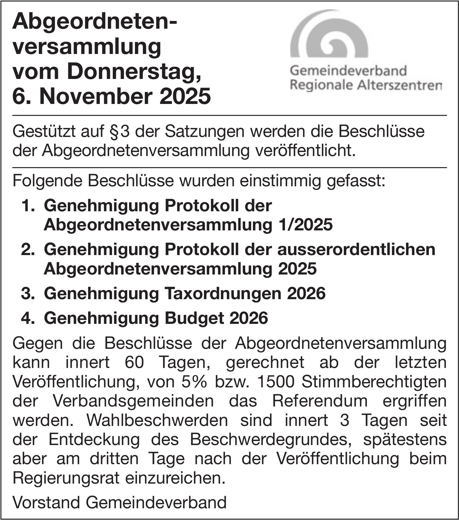 Sonstiges, Gemeindeverband Regionale Alterszentren, Abgeordnetenversammlung vom Donnerstag, 6. November 2025
