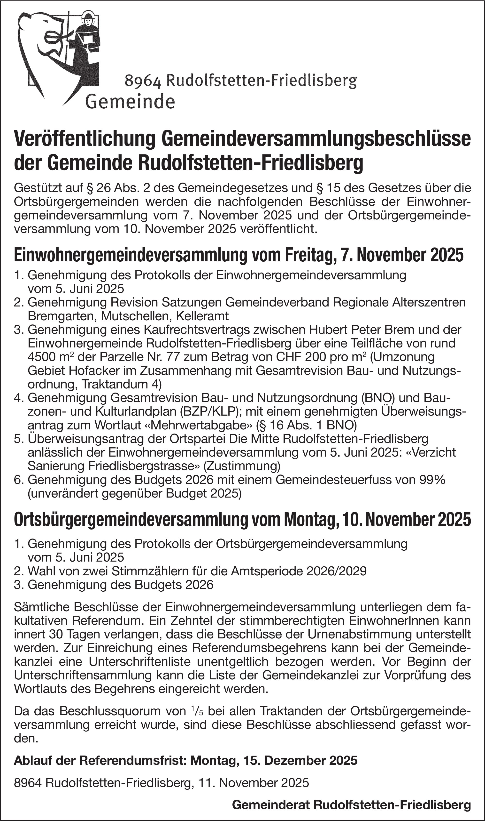 Gemeinde Rudolfstetten-Friedlisberg, Veröffentlichung Gemeindeversammlungsbeschlüsse