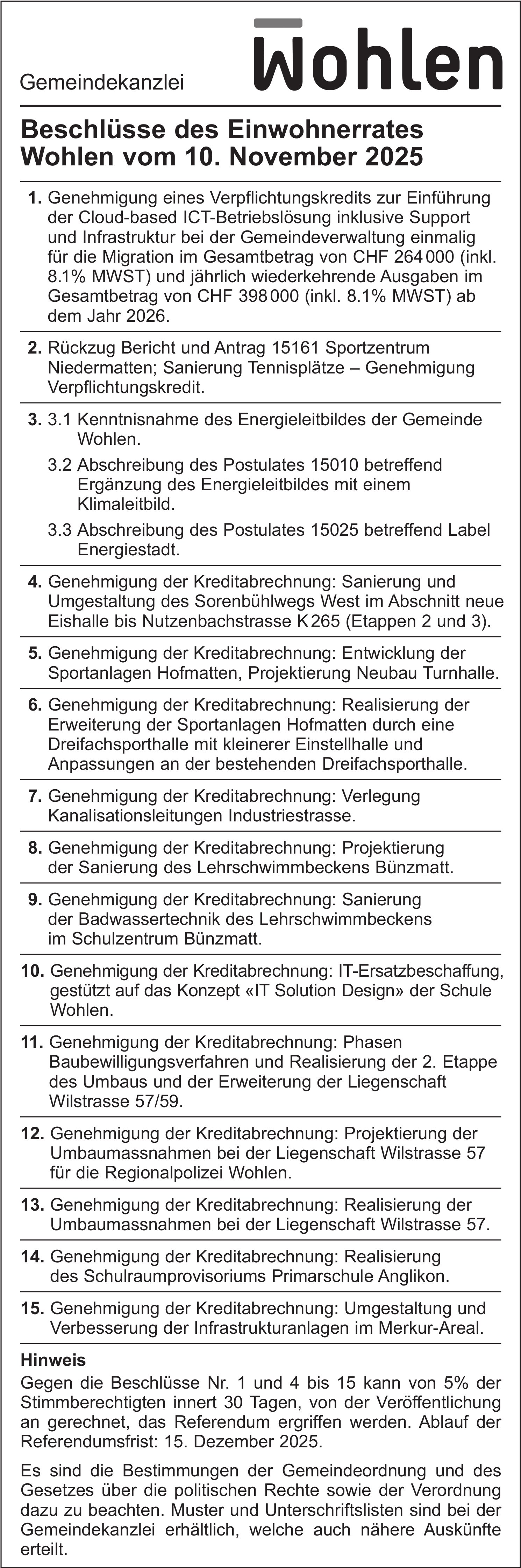 Gemeindekanzlei Wohlen, Beschlüsse des Einwohnerrates Wohlen vom 10. November 2025