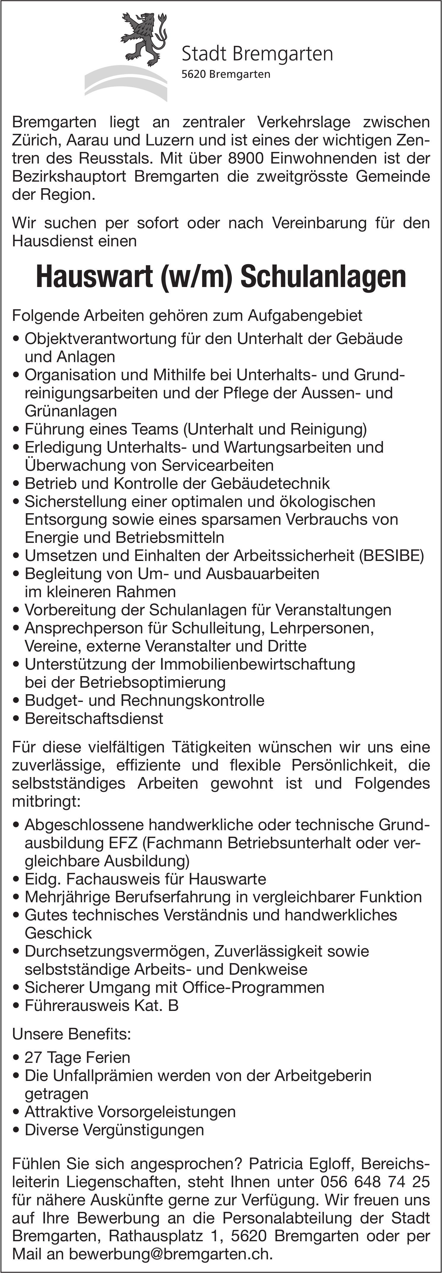Hauswart (w/m) Schulanlagen, Stadt Bremgarten, gesucht
