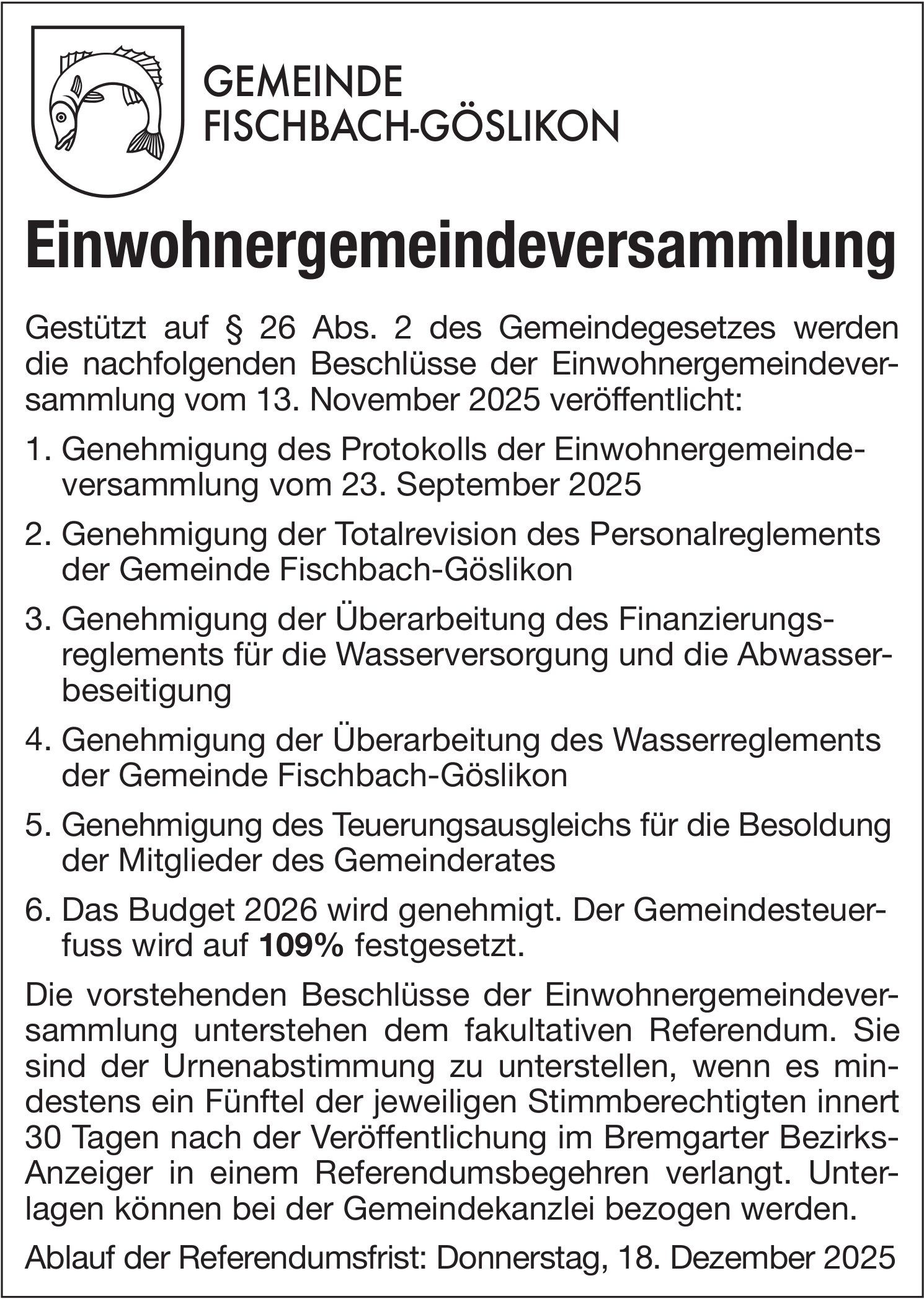 Gemeinde, Gemeinde Fischbach-Göslikon, Einwohnergemeindeversammlung