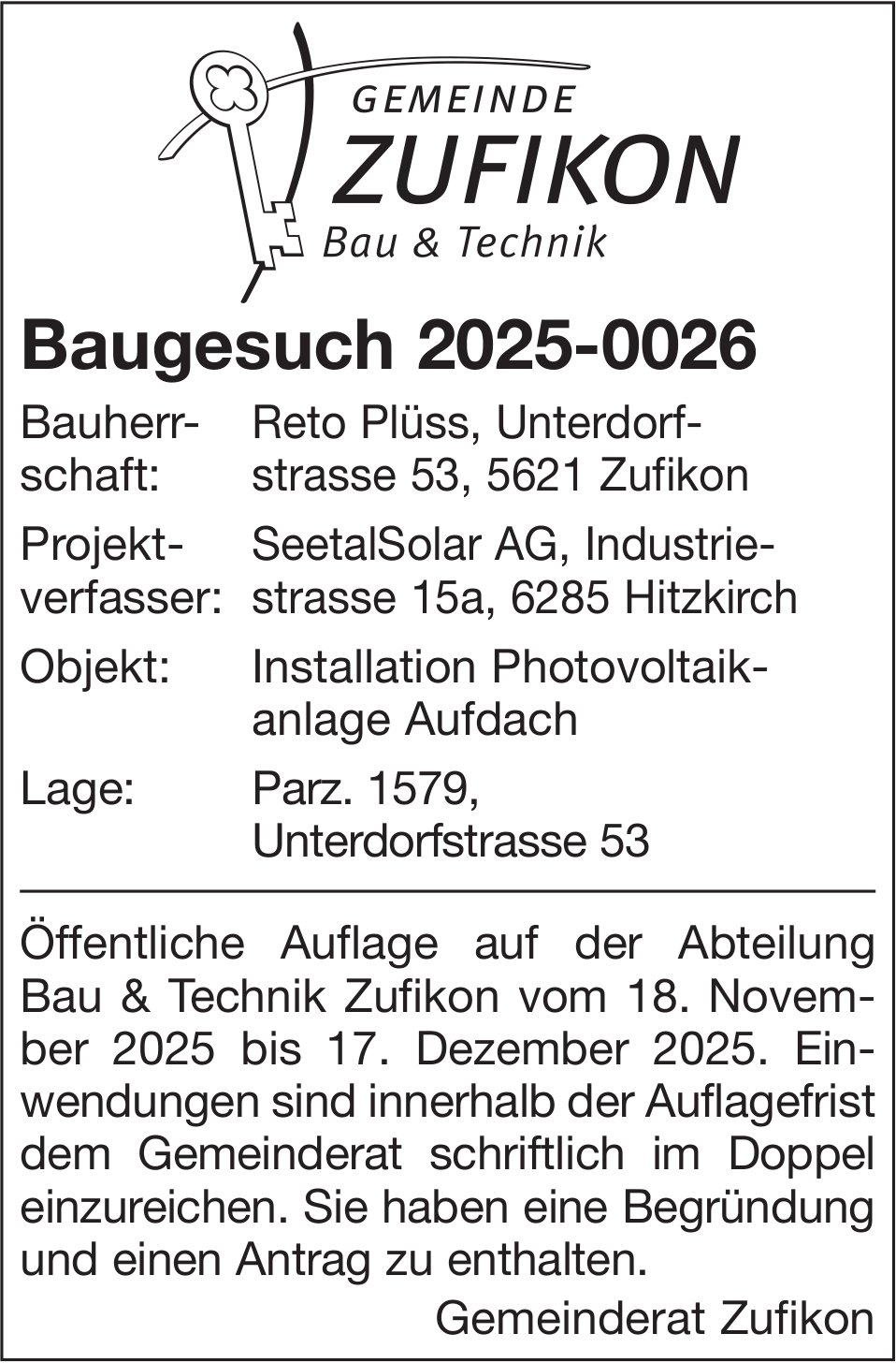 Baugesuche, Zufikon - Reto Plüss, Baugesuch 2025-0026