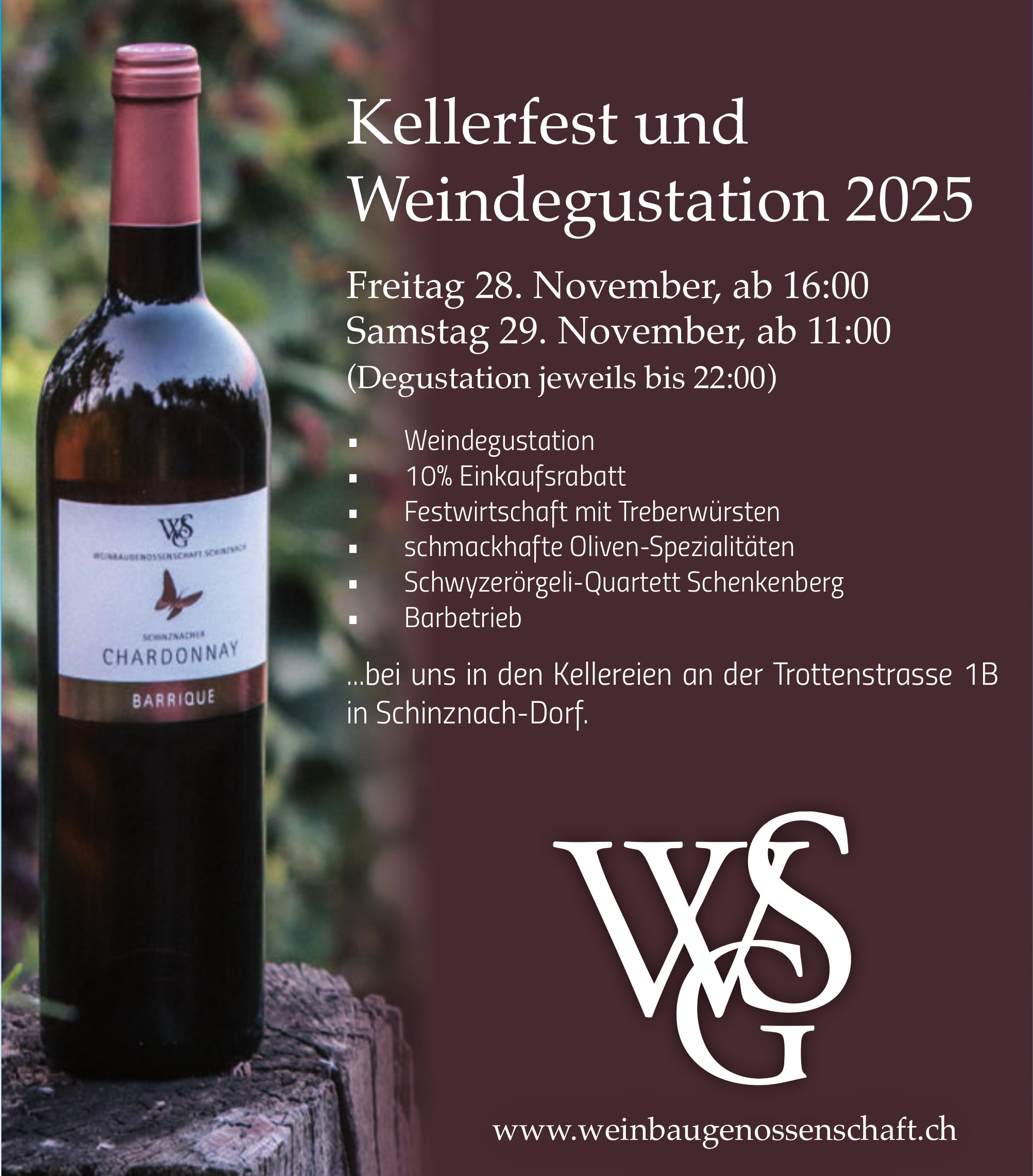 Kellerfest und Weindegustation 2025, 28./29. November, Weinbaugenossenschaft, Schinznach-Dorf