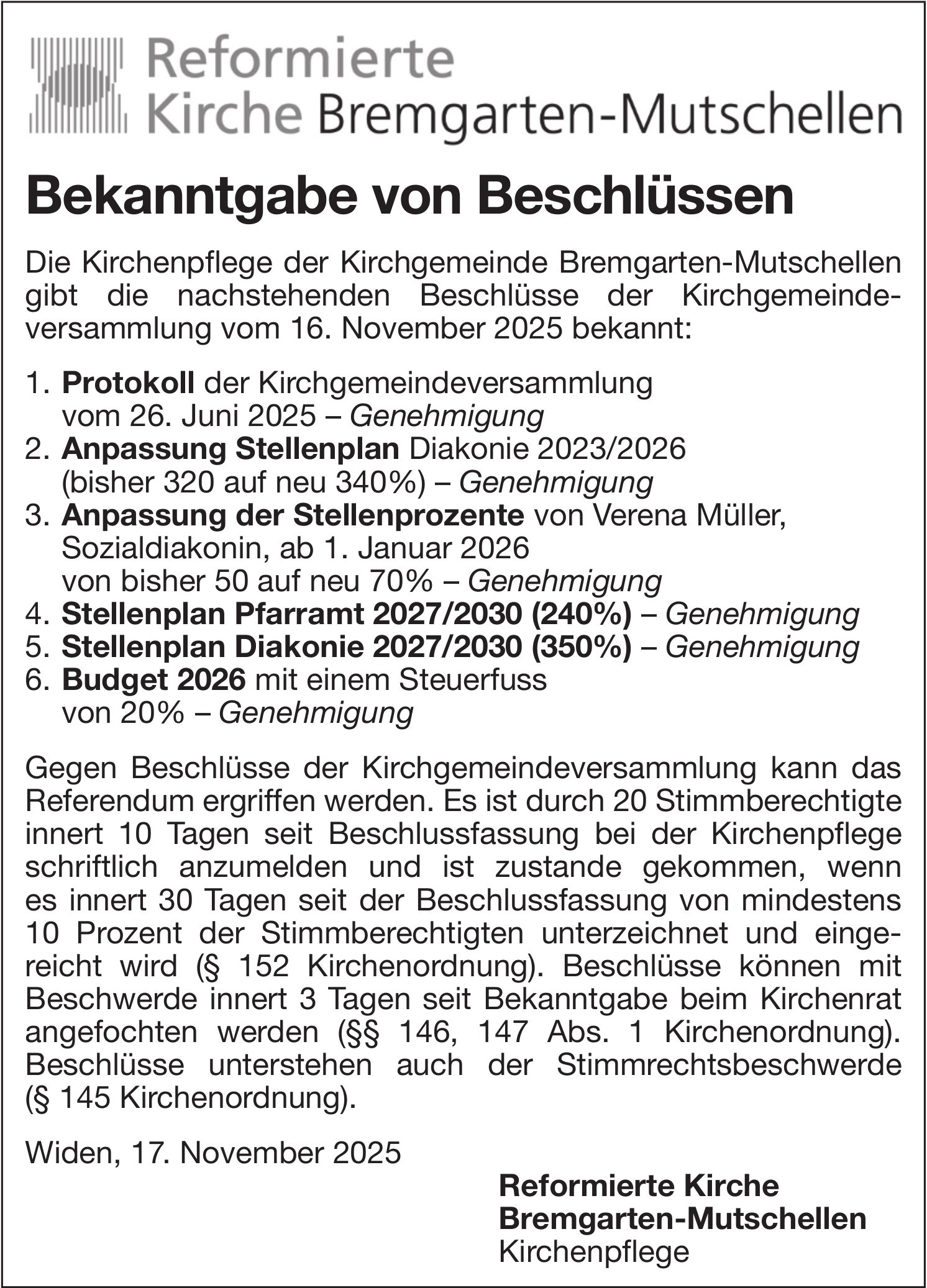 Sonstiges - Reformierte Kirche Bremgarten-Mutschellen, Bekanntgabe von Beschlüssen