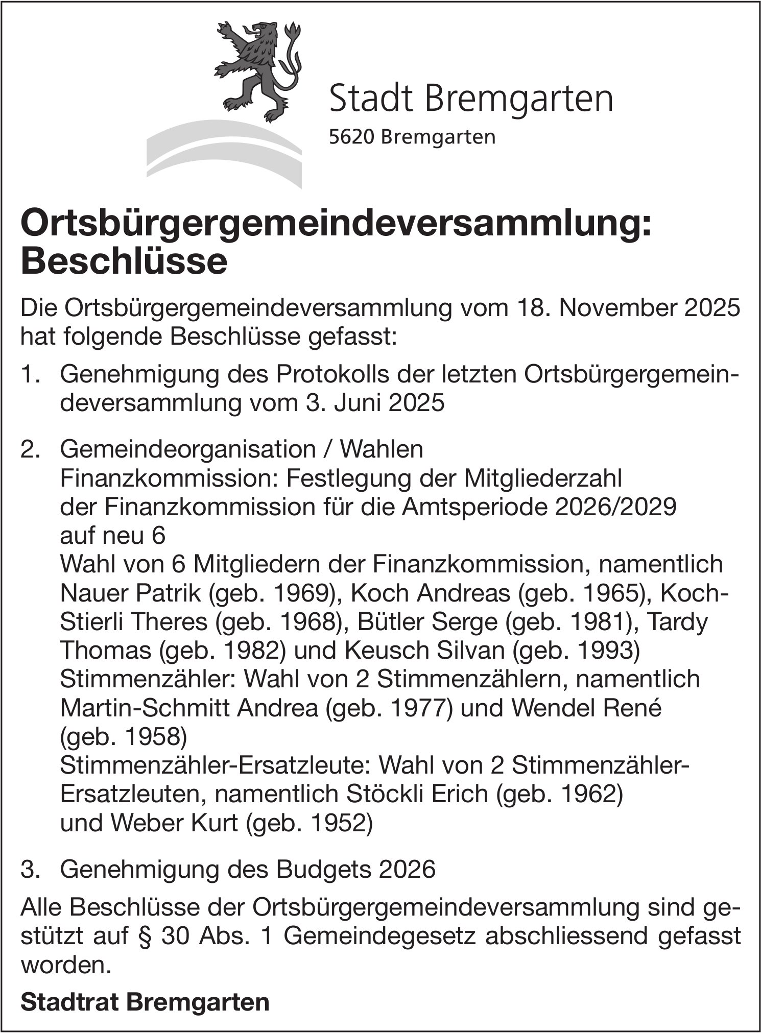 Gemeinde, Stadt Bremgarten, Ortsbürgergemeindeversammlung: Beschlüsse