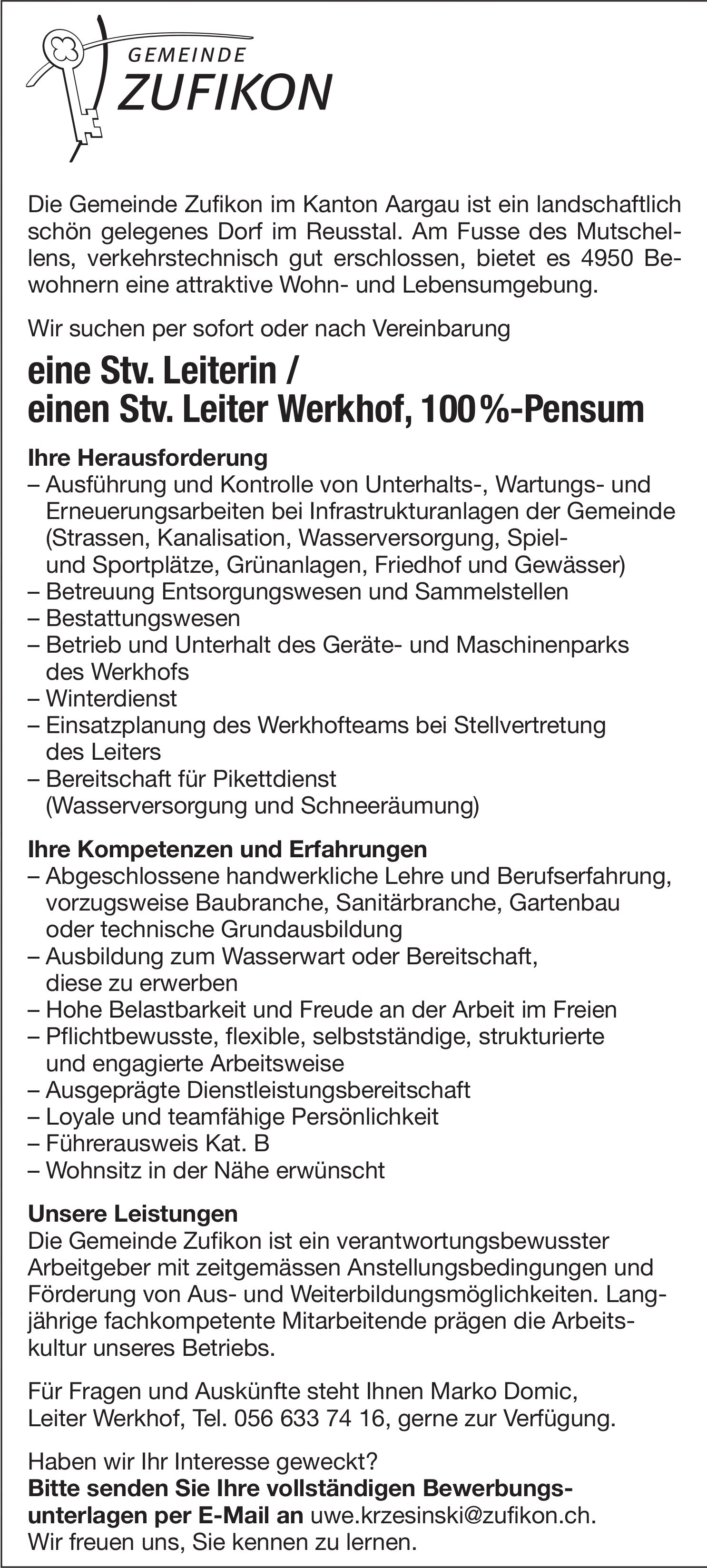 Stv. Leiterin / Stv. Leiter Werkhof, 100%-Pensum, Gemeinde Zufikon,  gesucht