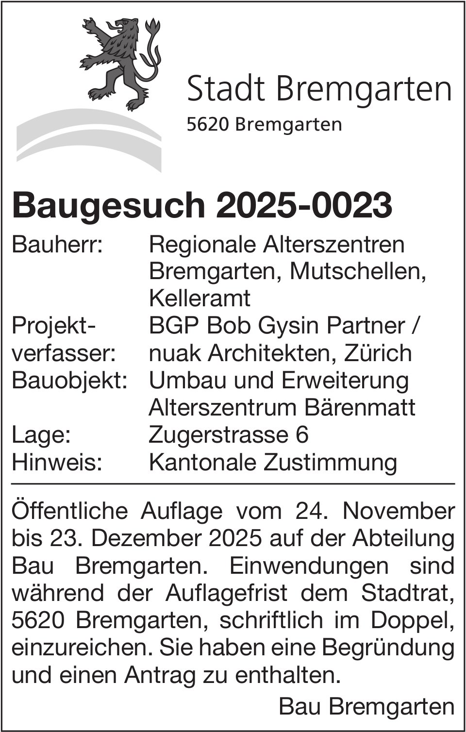 Baugesuche, Regionale Alterszentren Bremgarten, Mutschellen,  Kelleramt - Baugesuch 2025-0023
