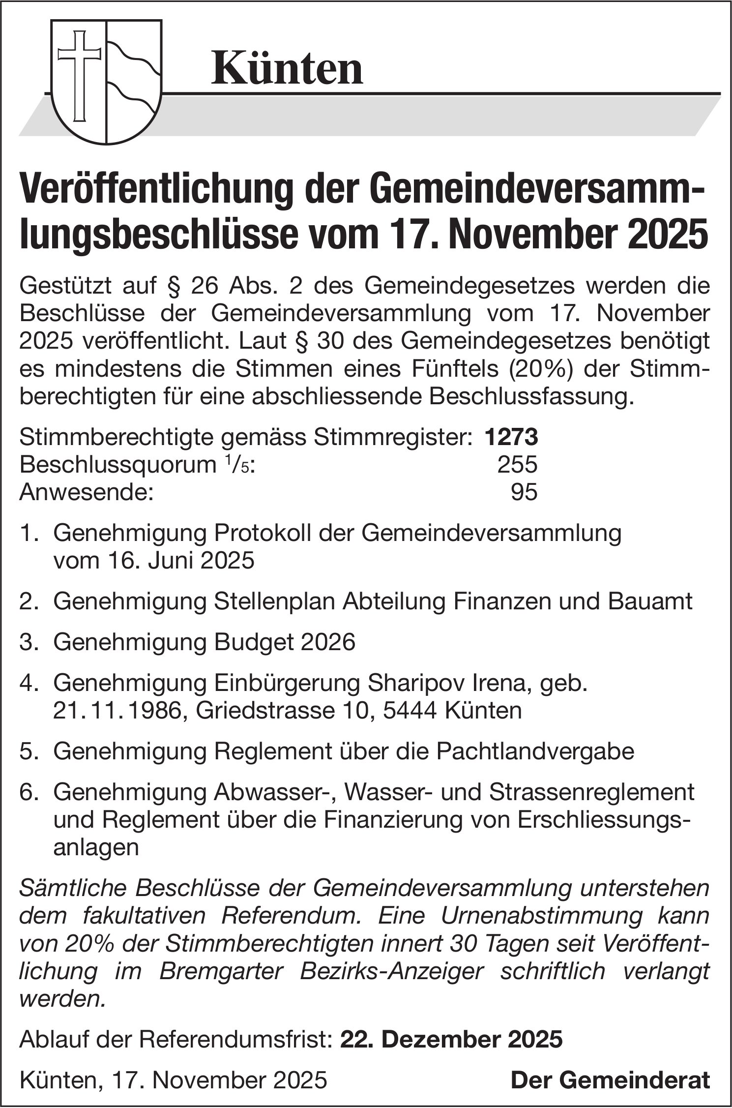 Gemeinde Künten, Veröffentlichung der Gemeindeversammlungsbeschlüsse vom 17. November 2025