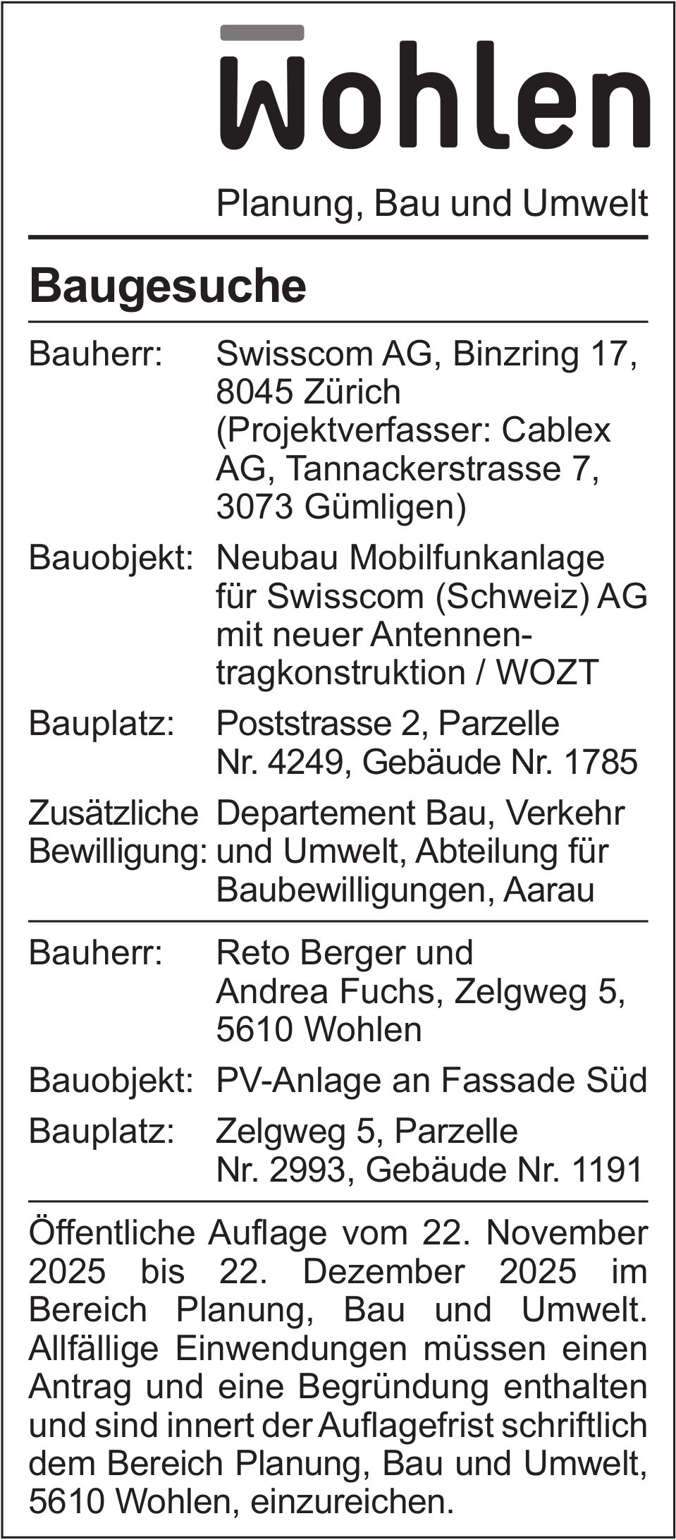 Baugesuche, Wohlen - Swisscom AG / Reto Berger und Andrea Fuchs