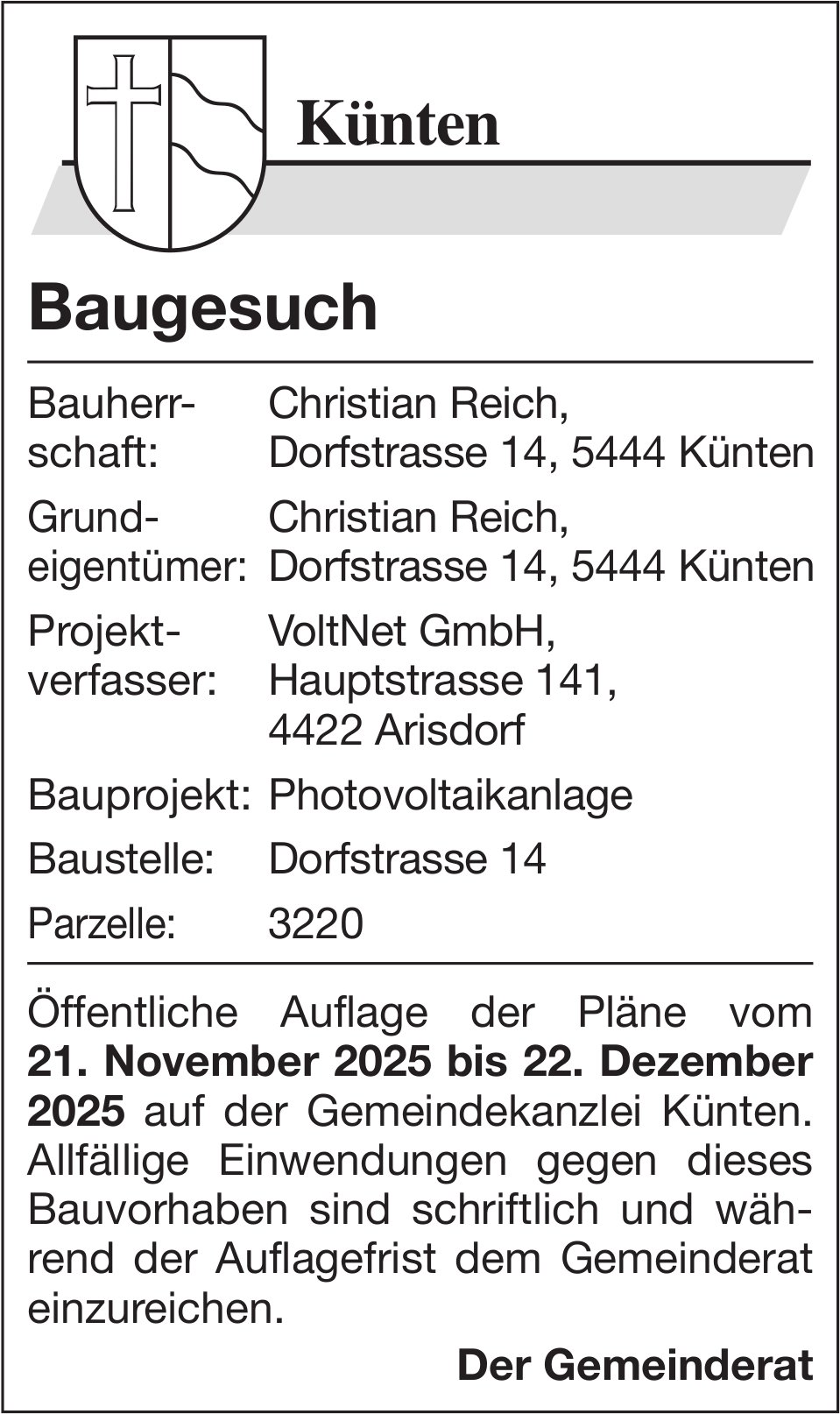 Baugesuche, Künten - Christian Reich