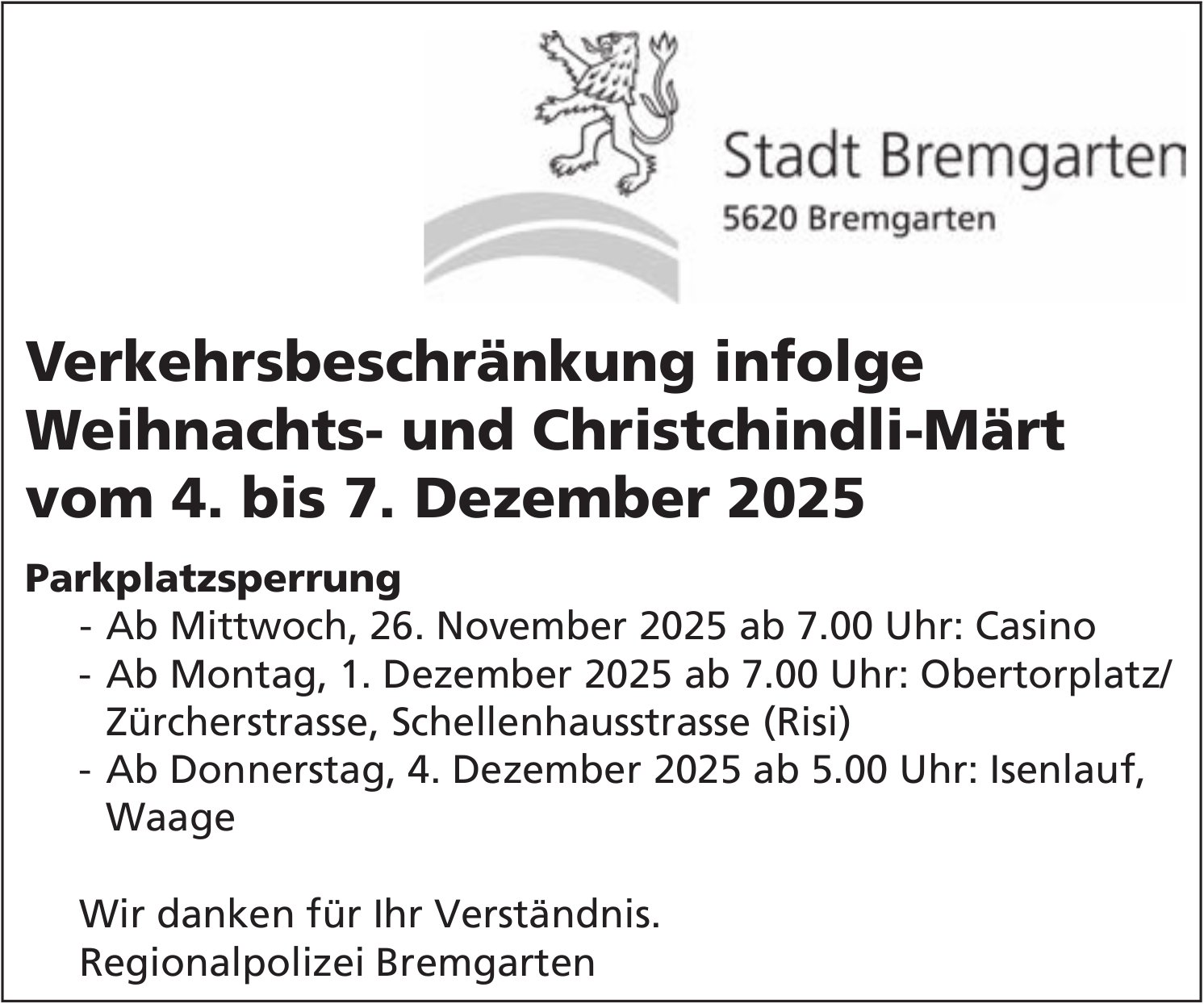 Stadt Bremgarten, Verkehrsbeschränkung, 4. - 7. Dezember