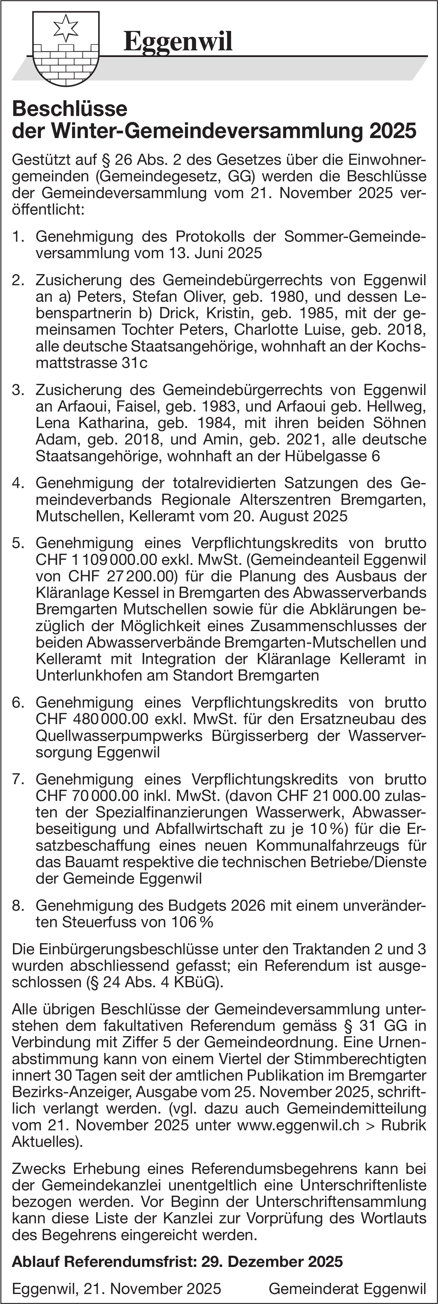 Gemeinde Eggenwil, Beschlüsse der Winter-Gemeindeversammlung 2025
