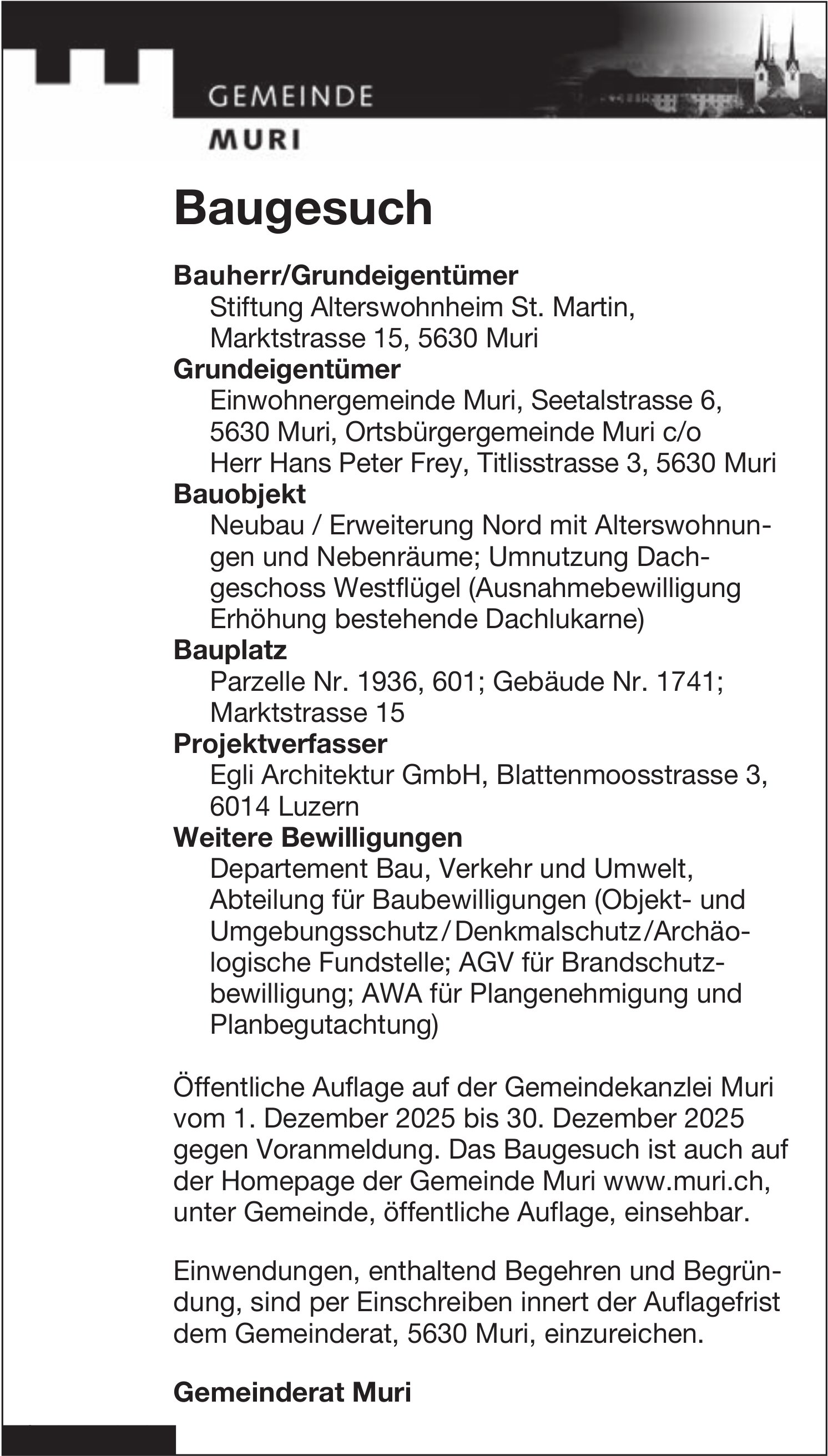 Baugesuche, Muri - Stiftung Alterswohnheim St. Martin