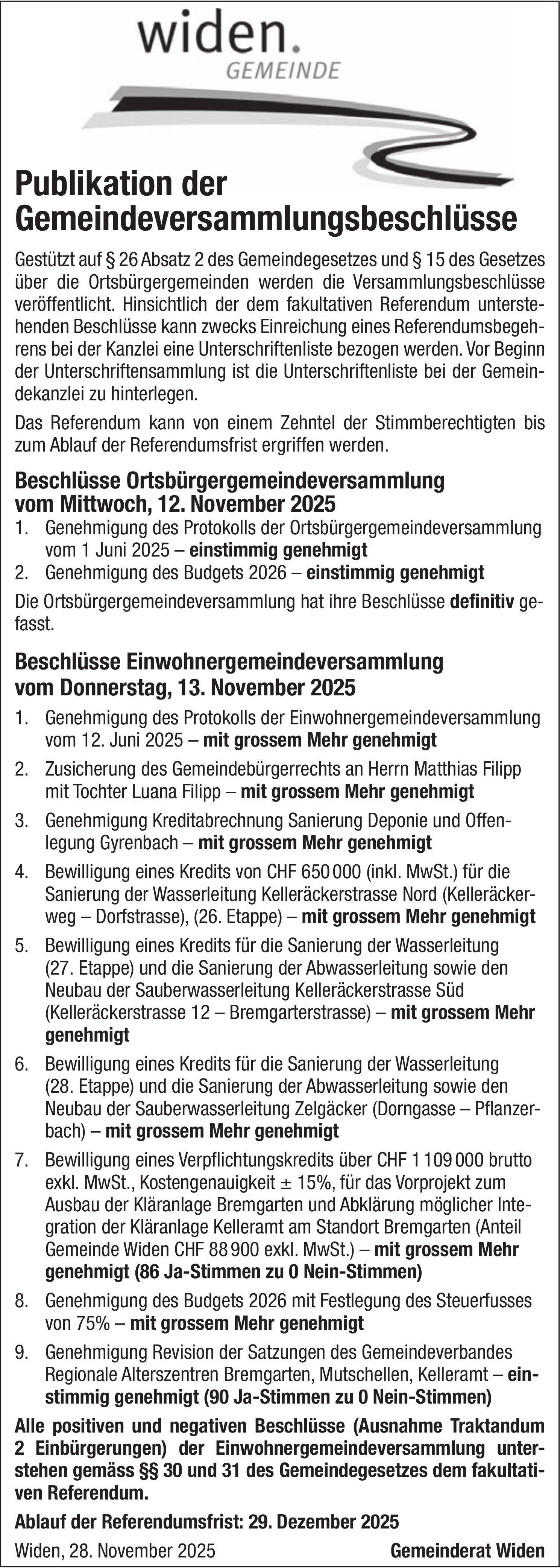 Gemeinde Widen, Publikation der Gemeindeversammlungsbeschlüsse