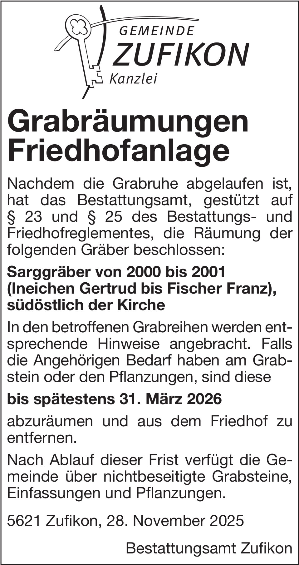 Gemeinde Zufikon, Grabräumungen Friedhofanlage