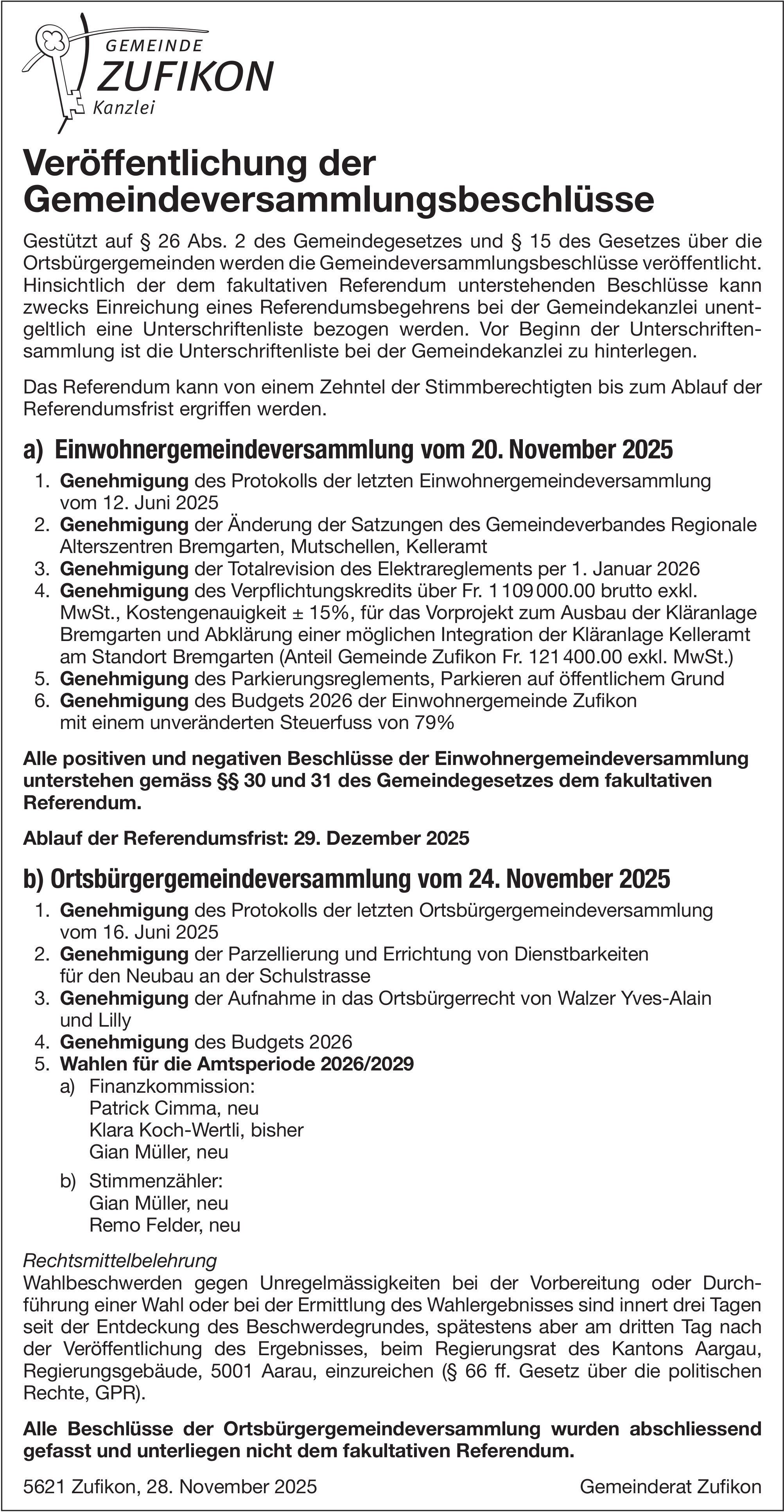 Gemeinde Zufikon, Veröffentlichung der Gemeindeversammlungsbeschlüsse