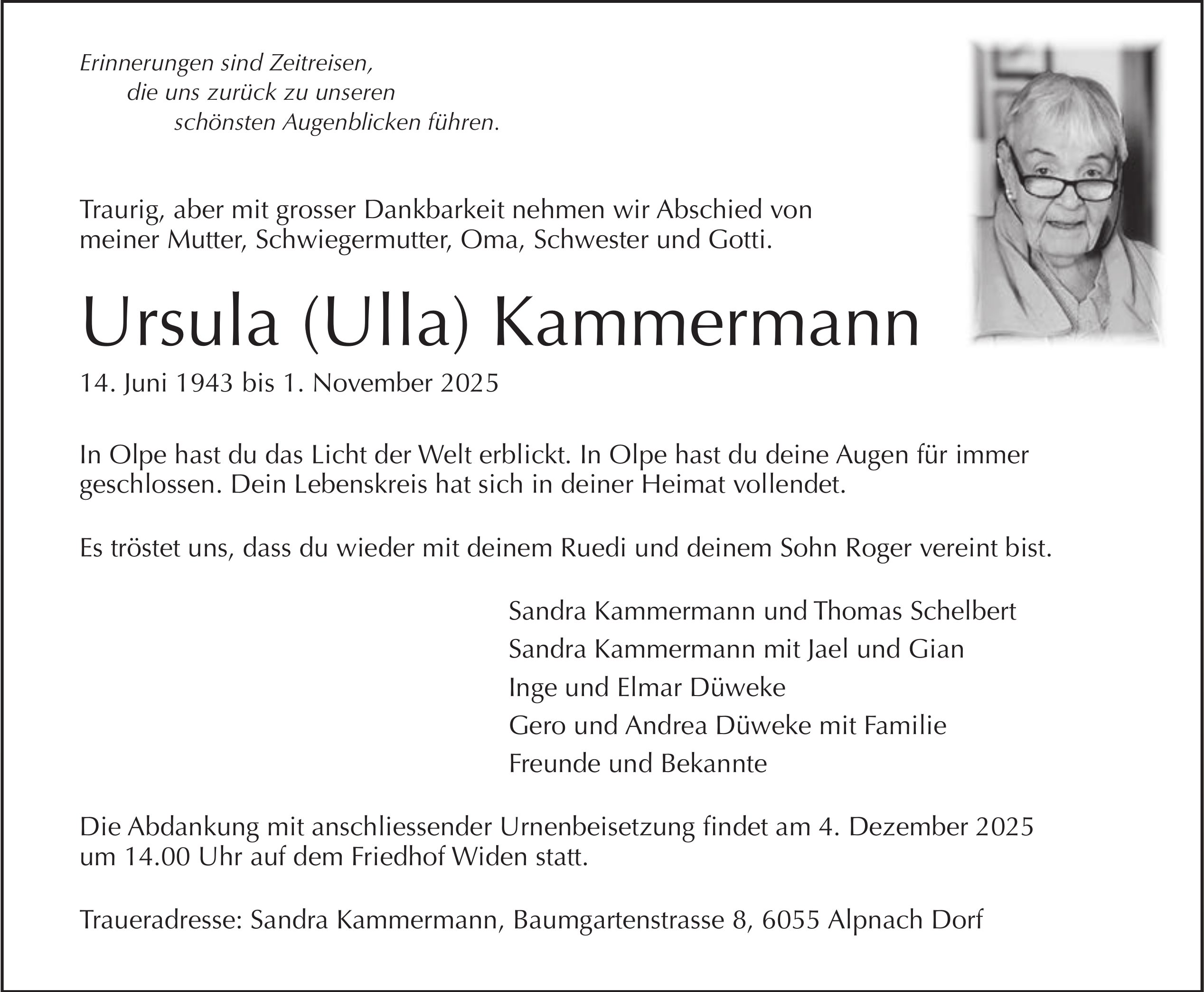 Ursula (Ulla) Kammermann, November 2025 / TA