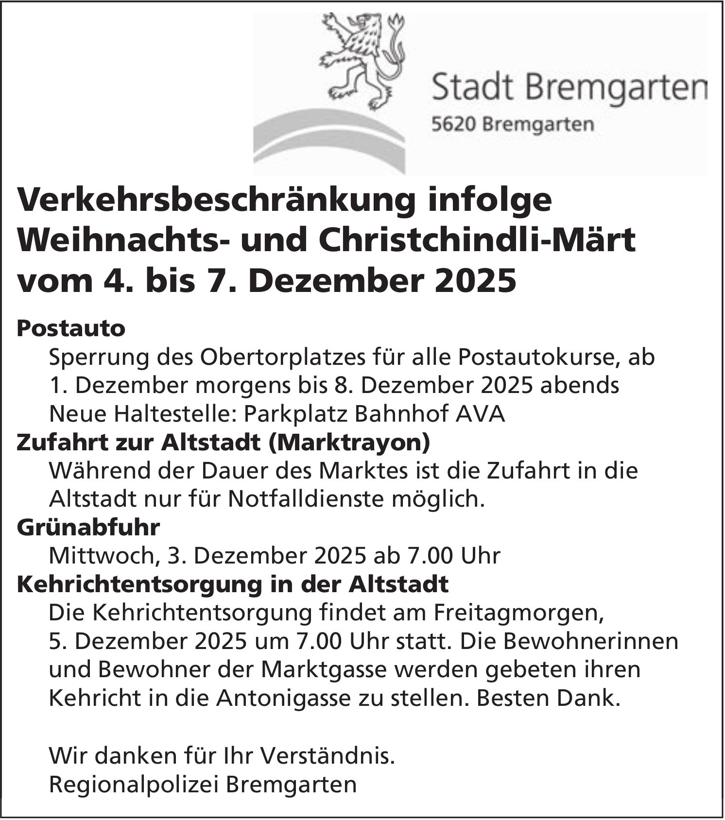 Verkehrsmassnahmen / Unterhaltsarbeiten, Stadt Bremgarten, Verkehrsbeschränkung infolge Weihnachts- und Christchindli-Märt, 4. - 7. Dezember 2025