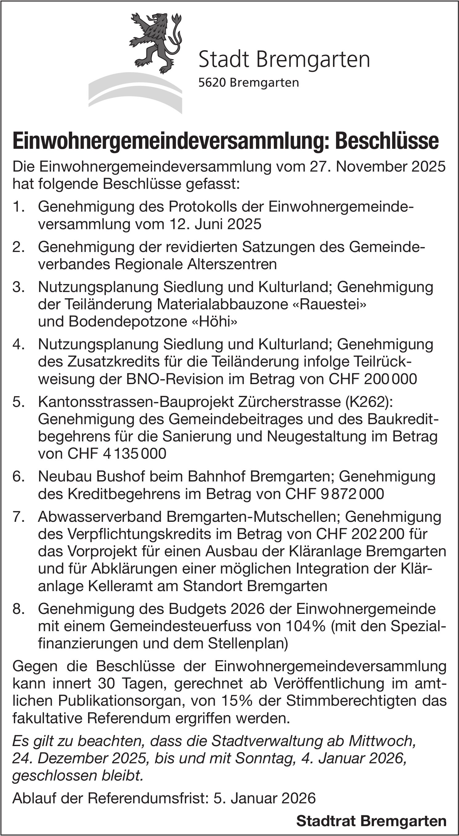 Gemeinde, Stadt Bremgarten, Einwohnergemeindeversammlung: Beschlüsse