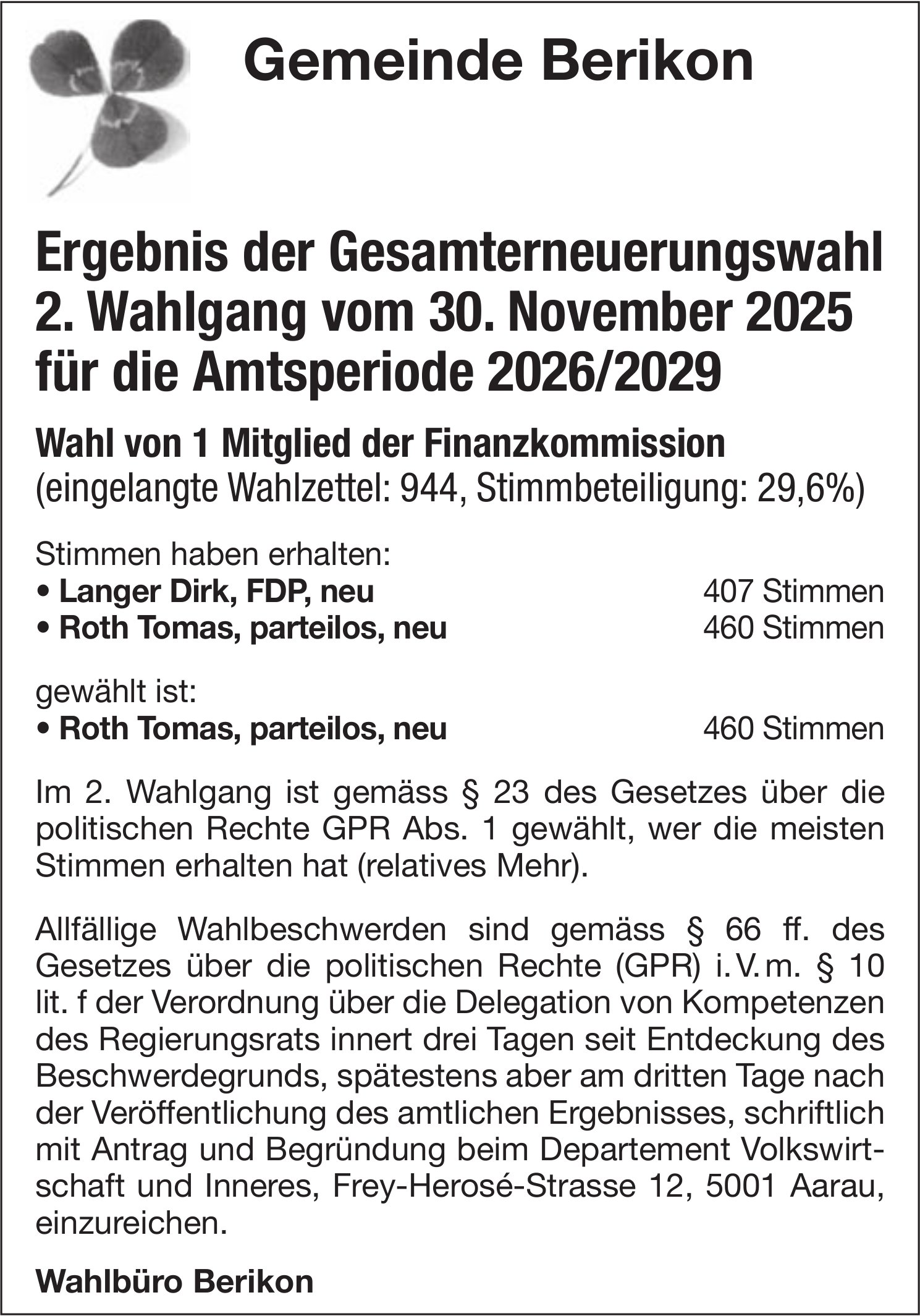 Wahlen & Abstimmungen - Gemeinde Berikon, Ergebnis der Gesamterneuerungswahl 2. Wahlgang, 30. November 2025