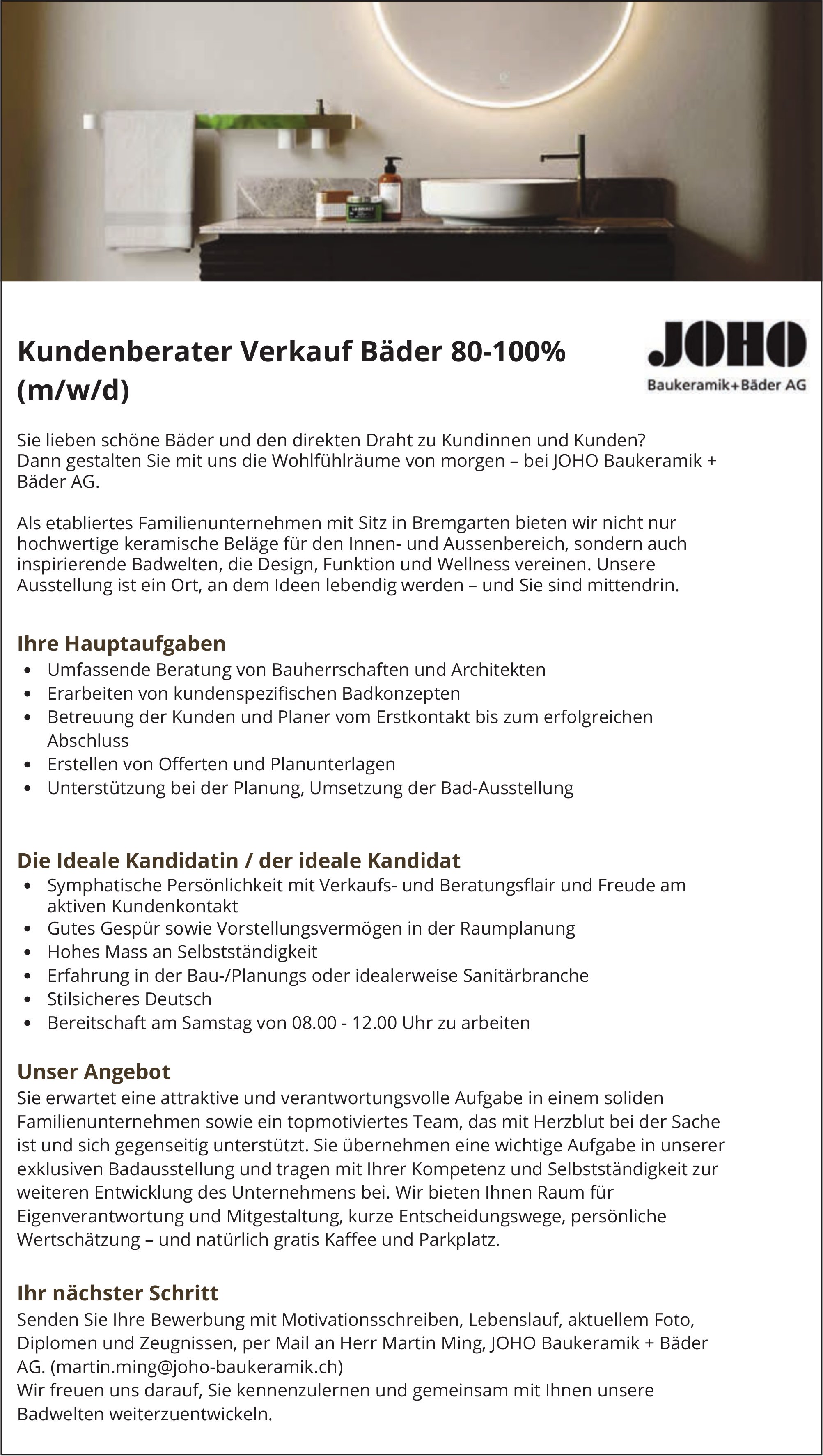 Kundenberater Verkauf Bäder 80-100% (m/w/d), JOHO Baukeramik + Bäder AG, Bremgarten, gesucht