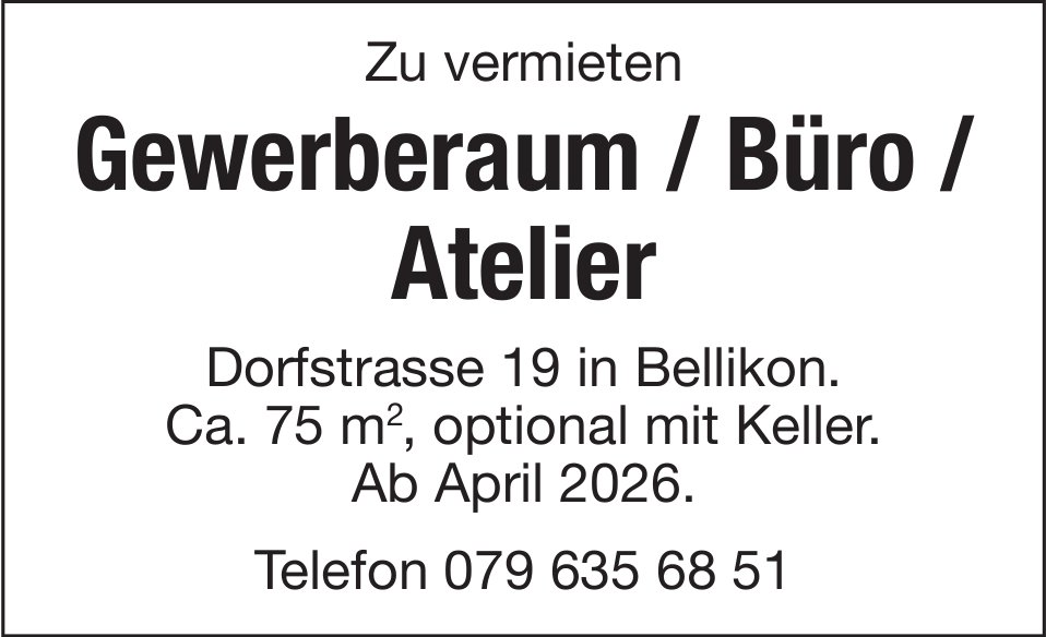 Gewerberaum / Büro / Atelier, Bellikon, zu vermieten