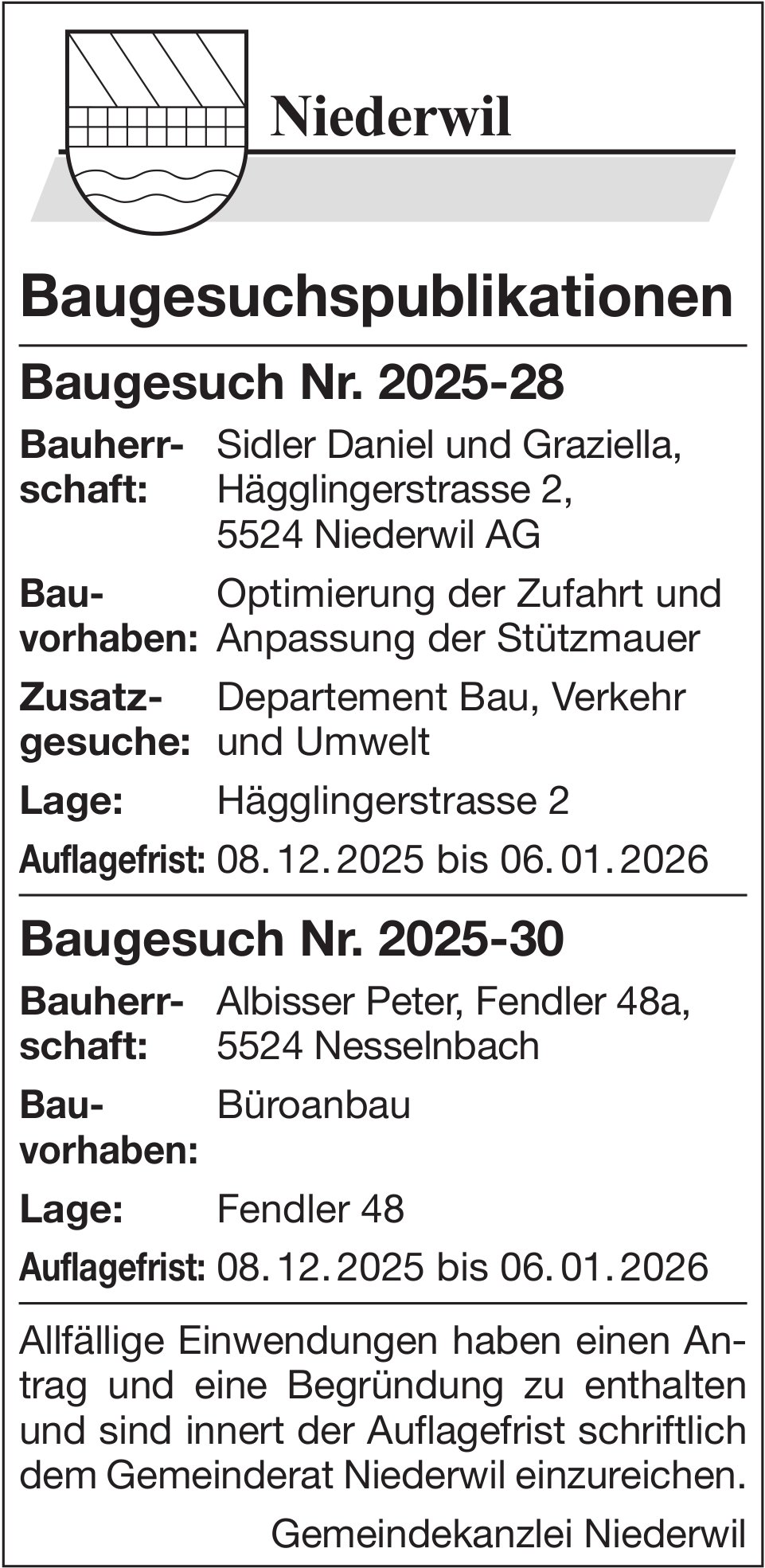 Baugesuche, Niederwil, Baugesuchspublikationen
