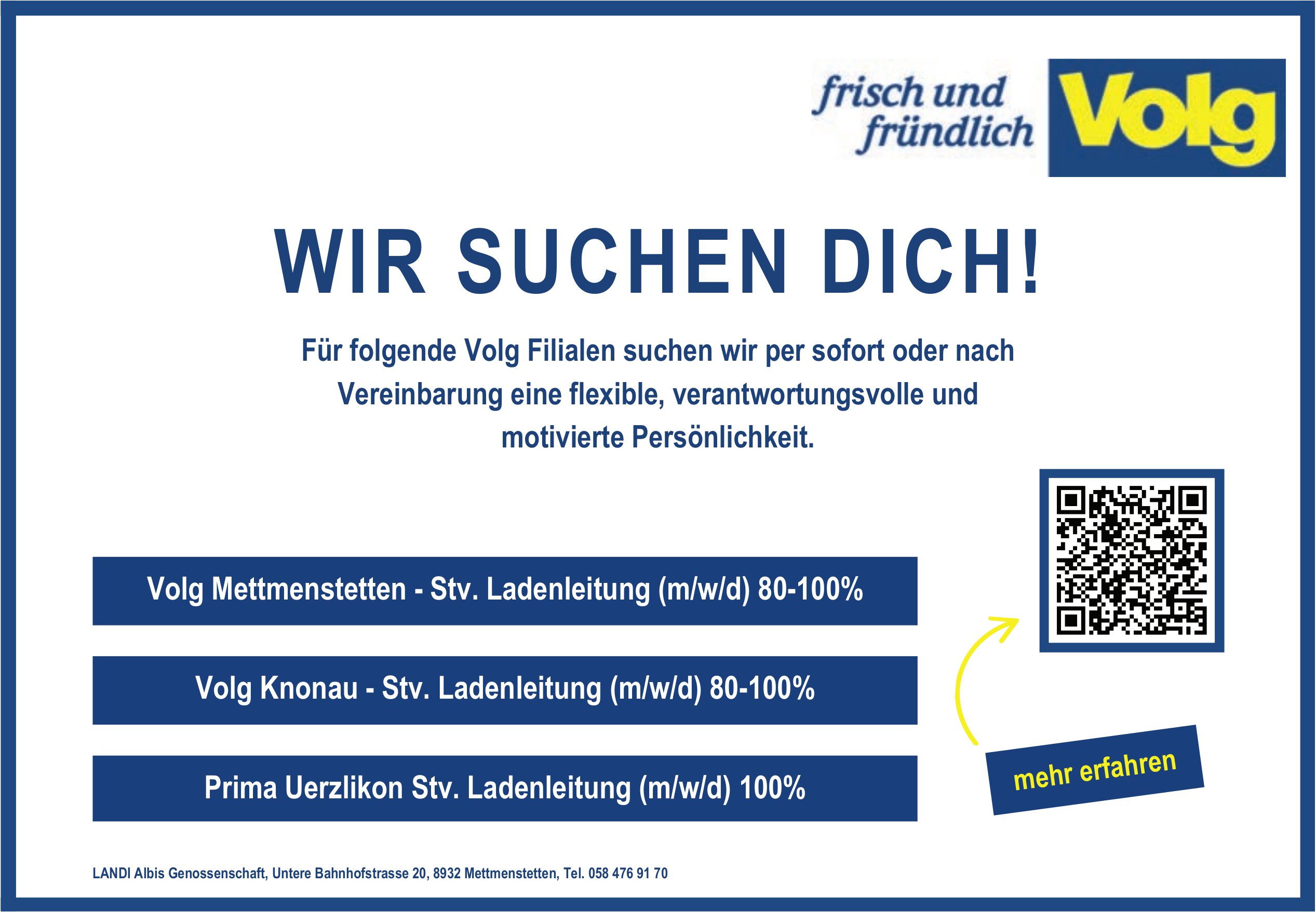 Volg Mettmenstetten - Stv. Ladenleitung / Volg Knonau - Stv. Ladenleitung / Prima Uerzlikon Stv. Ladenleitung, LANDI Albis Genossenschaft, gesucht