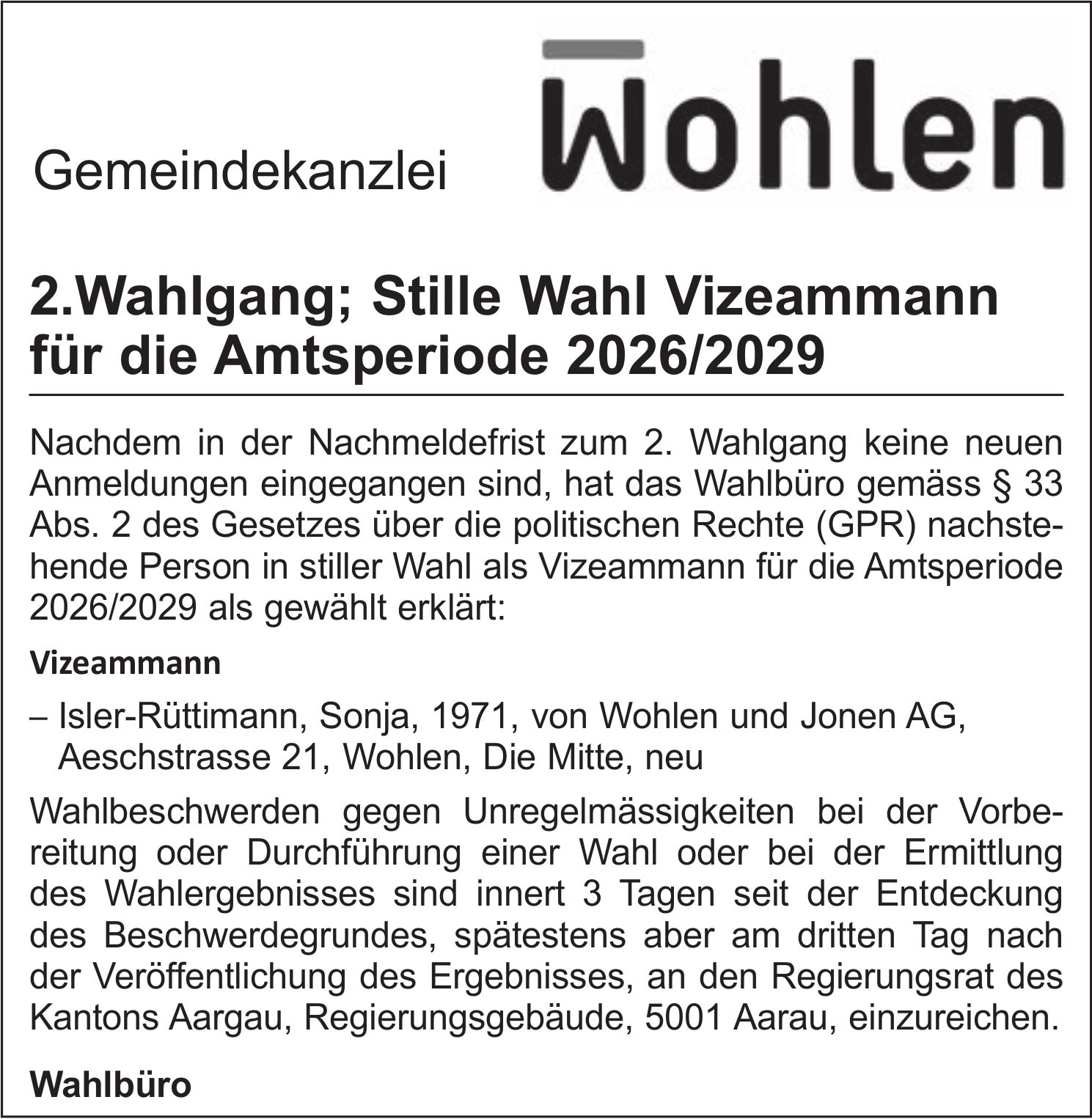Wahlen & Abstimmungen - Gemeindekanzlei Wohlen, 2.Wahlgang; Stille Wahl Vizeammann, Amtsperiode 2026/2029