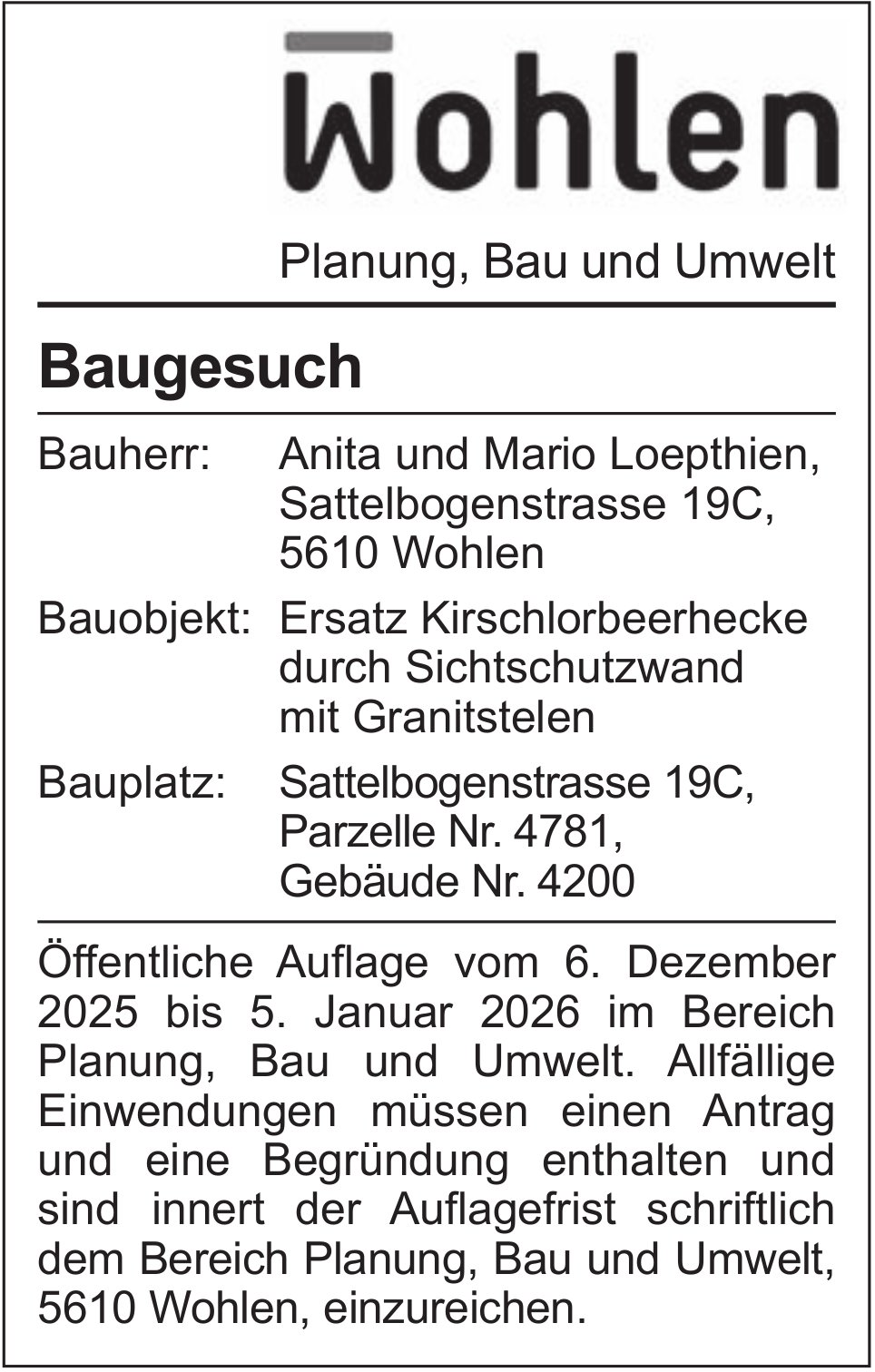 Baugesuche, Wohlen - Anita und Mario Loepthien, Baugesuch